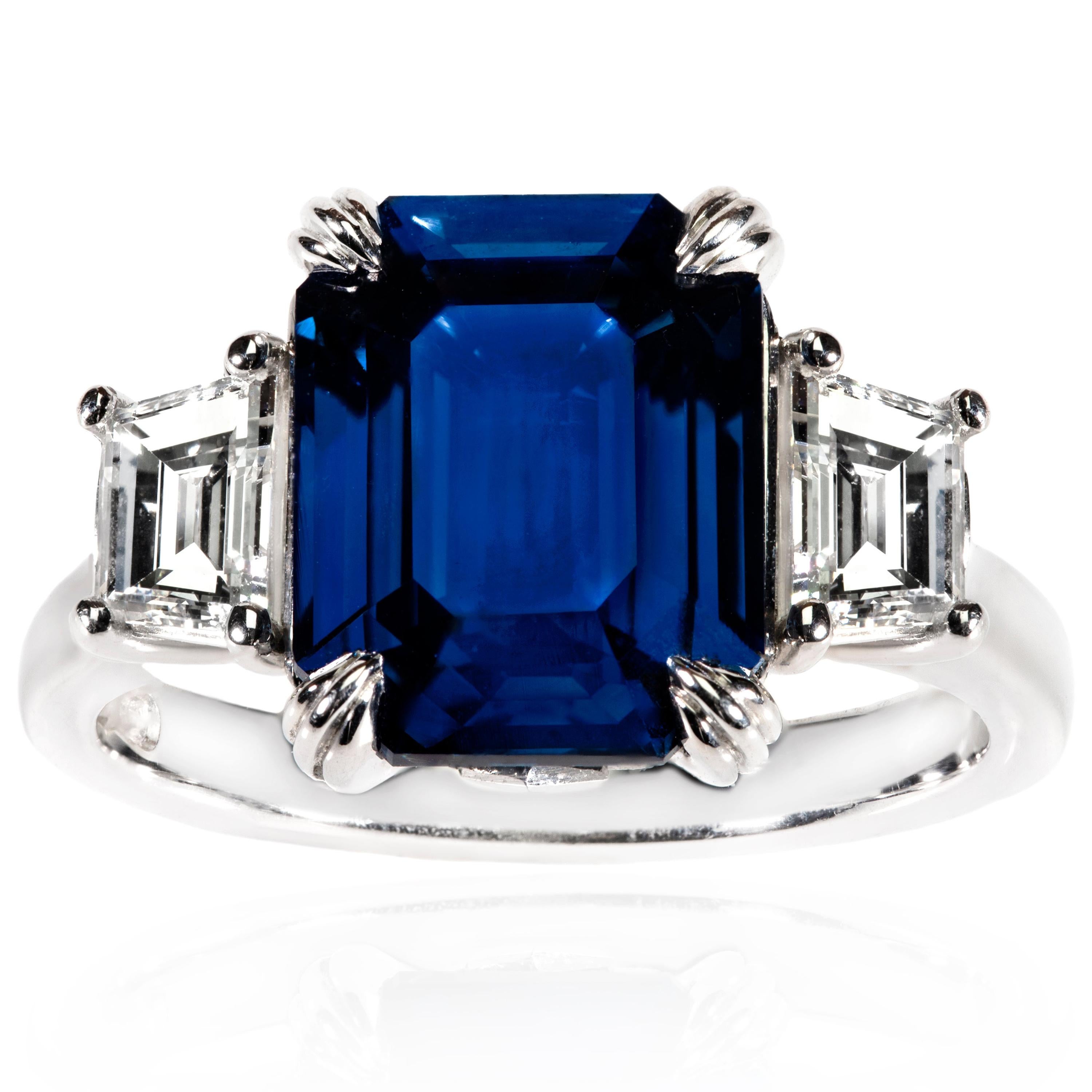 5.12 Carat Madagascan Sapphire and Trapezoid Diamond Ring in 18 Carat White Gold