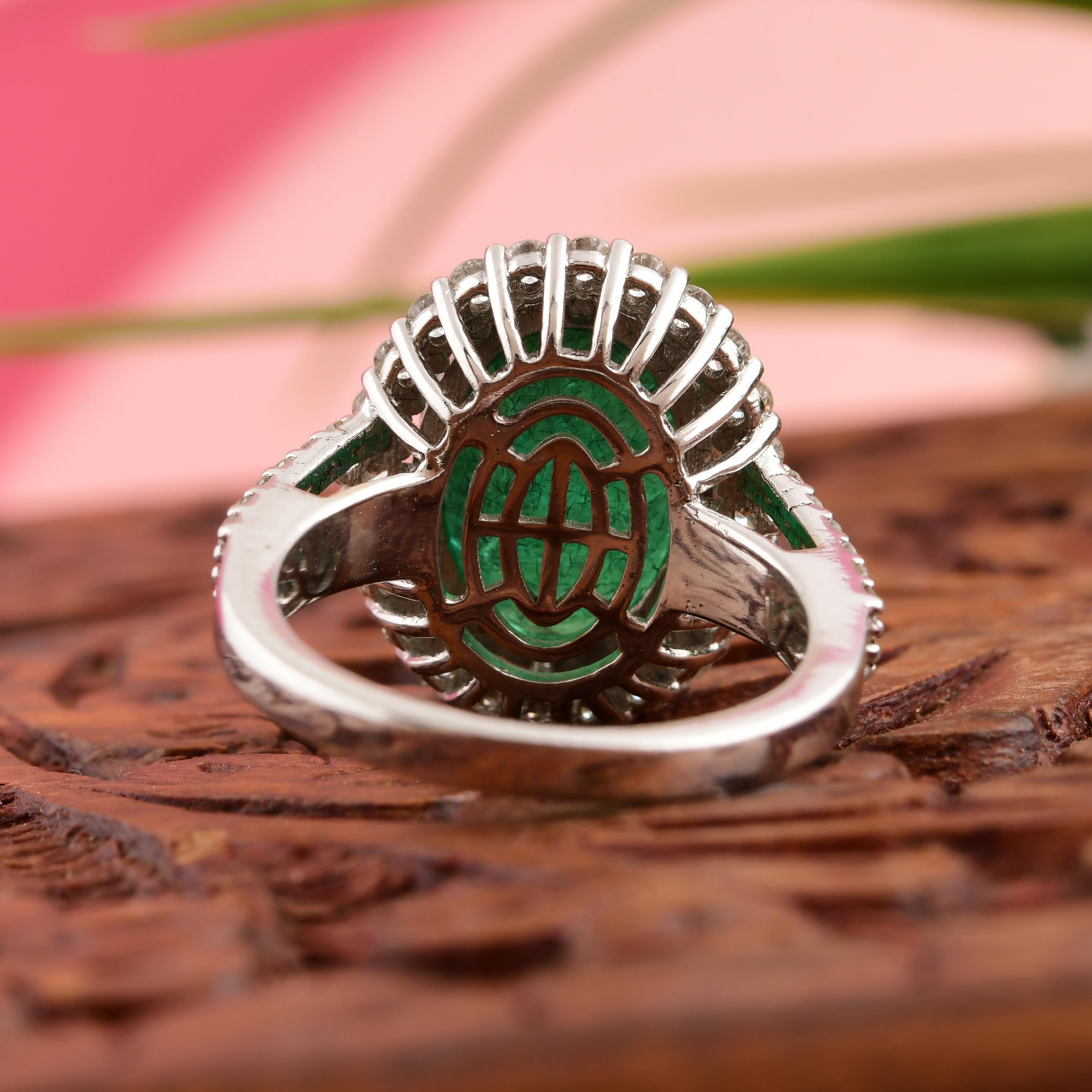 5.12 Carat Oval Zambian Emerald Cocktail Ring 0.9 Ct Diamond 10 Karat White Gold For Sale 6