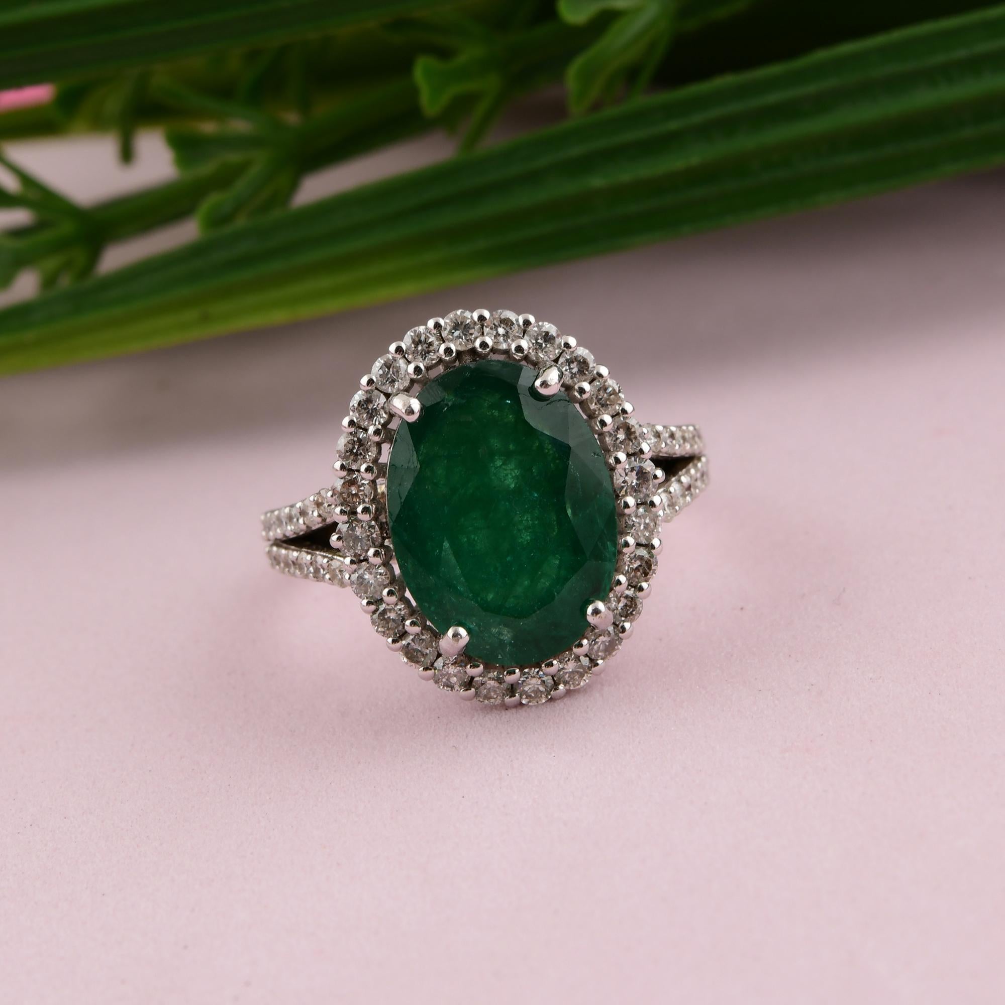 Oval Cut 5.12 Carat Oval Zambian Emerald Cocktail Ring 0.9 Ct Diamond 10 Karat White Gold For Sale