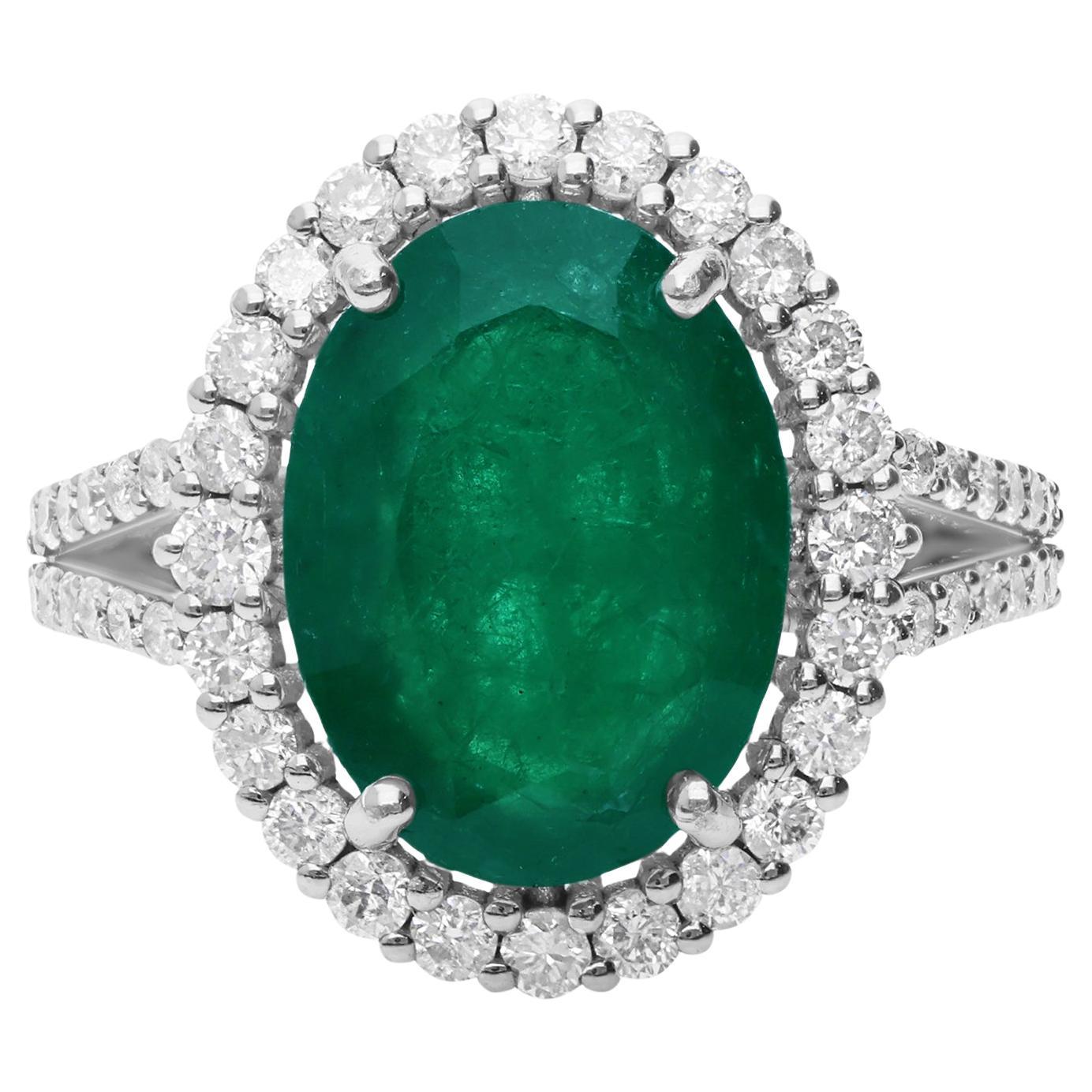 5.12 Carat Oval Zambian Emerald Cocktail Ring 0.9 Ct Diamond 10 Karat White Gold For Sale