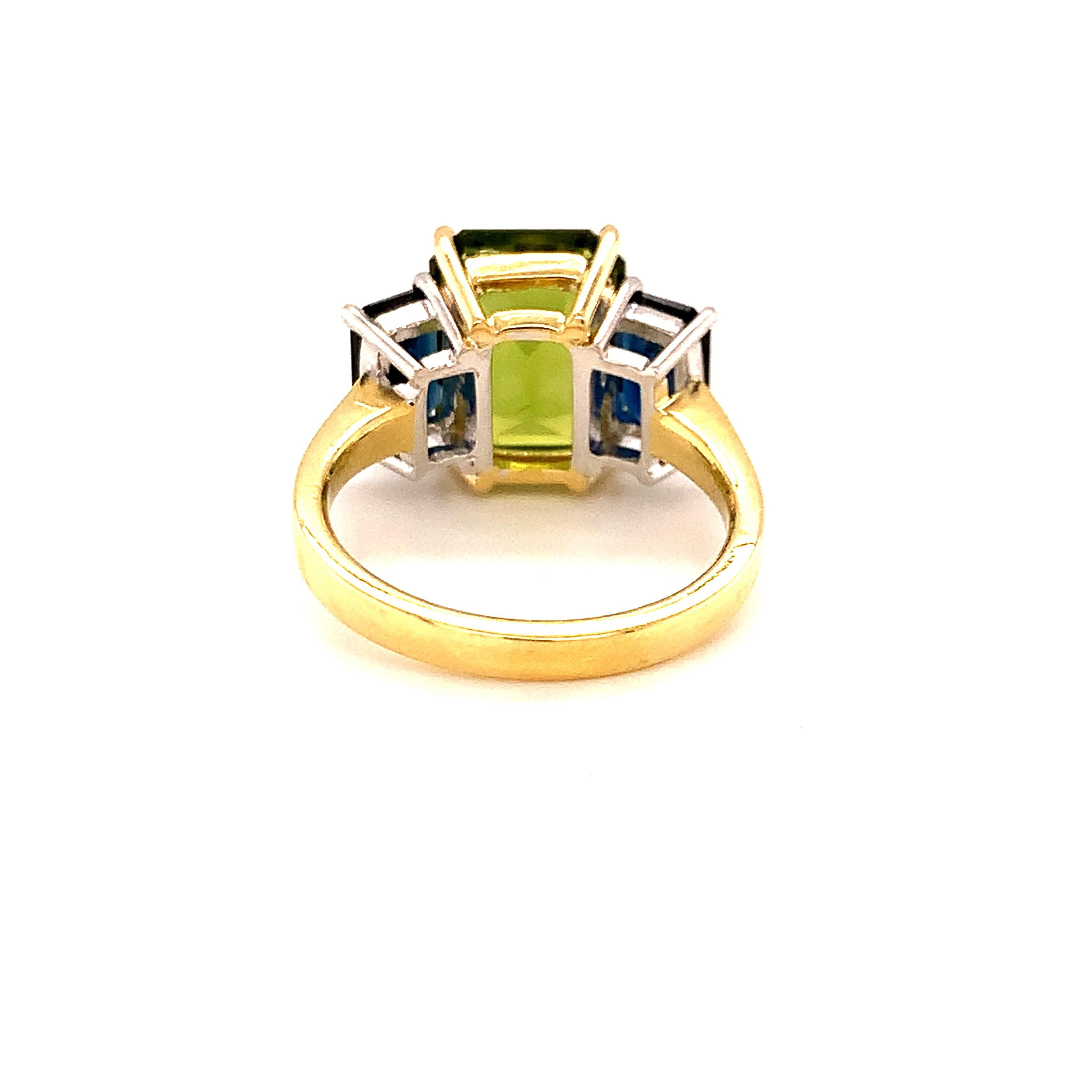 Artisan 5 Carat Peridot and Blue Sapphire Three-Stone Ring in White and Yellow Gold  For Sale