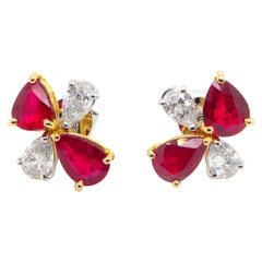 5.12 Carat Pigeon's Blood Red Pear-Shaped Ruby and White Diamond Gold Earrings