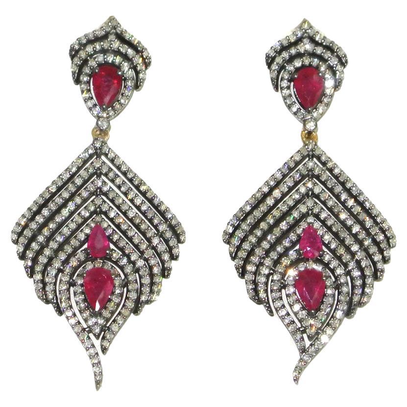 Pear Cut 5.12 Carat Ruby and Diamond Drop Earrings in Victorian Style For Sale