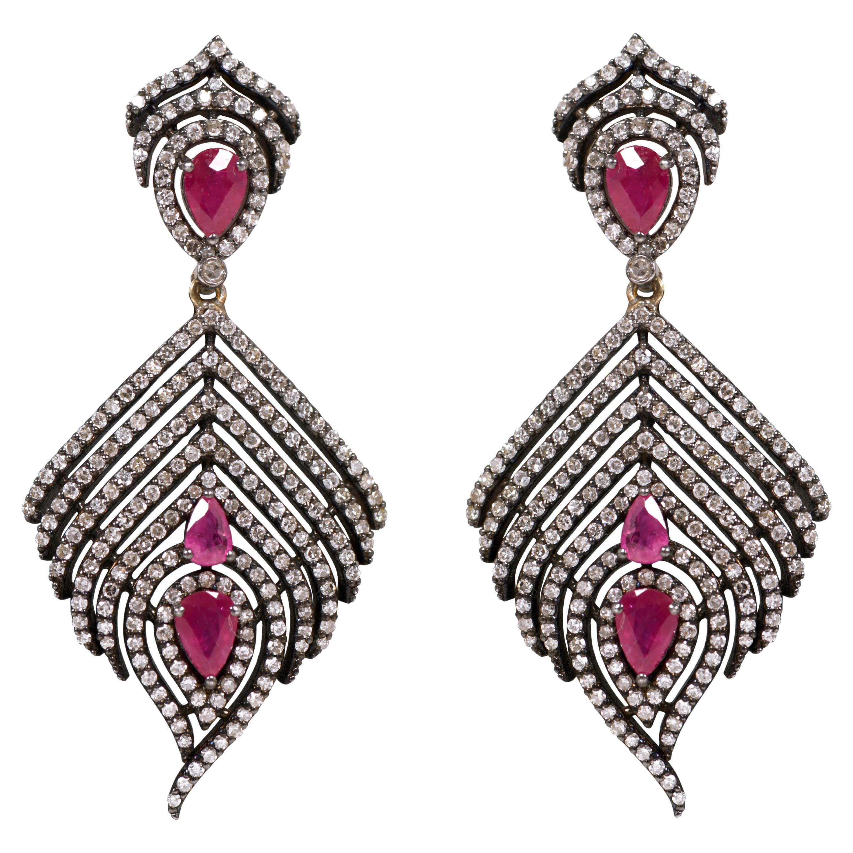 5.12 Carat Ruby and Diamond Drop Earrings in Victorian Style