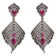 5.12 Carat Ruby and Diamond Drop Earrings in Victorian Style