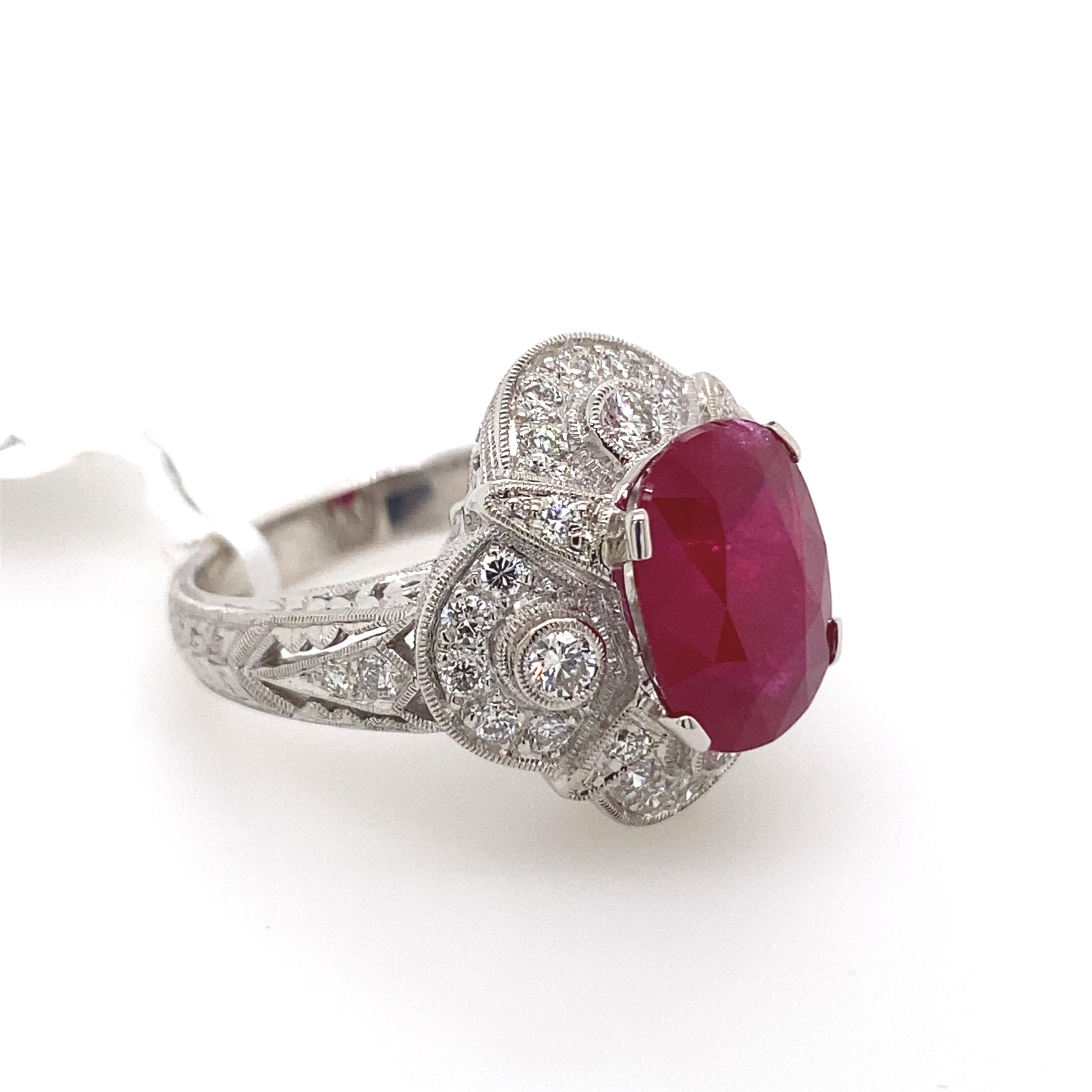 Oval Cut 5.12 Carat Ruby with Diamond Art Deco Style Ring 18 Karat White Gold For Sale