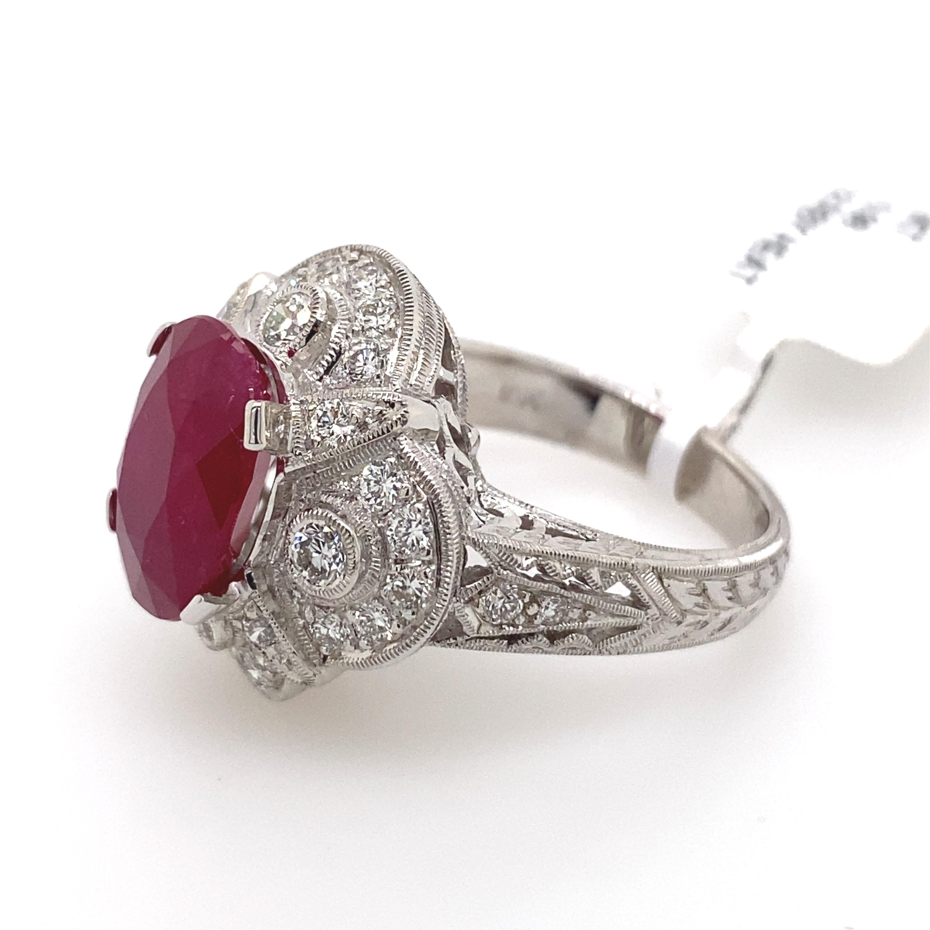 5.12 Carat Ruby with Diamond Art Deco Style Ring 18 Karat White Gold In New Condition For Sale In BEVERLY HILLS, CA