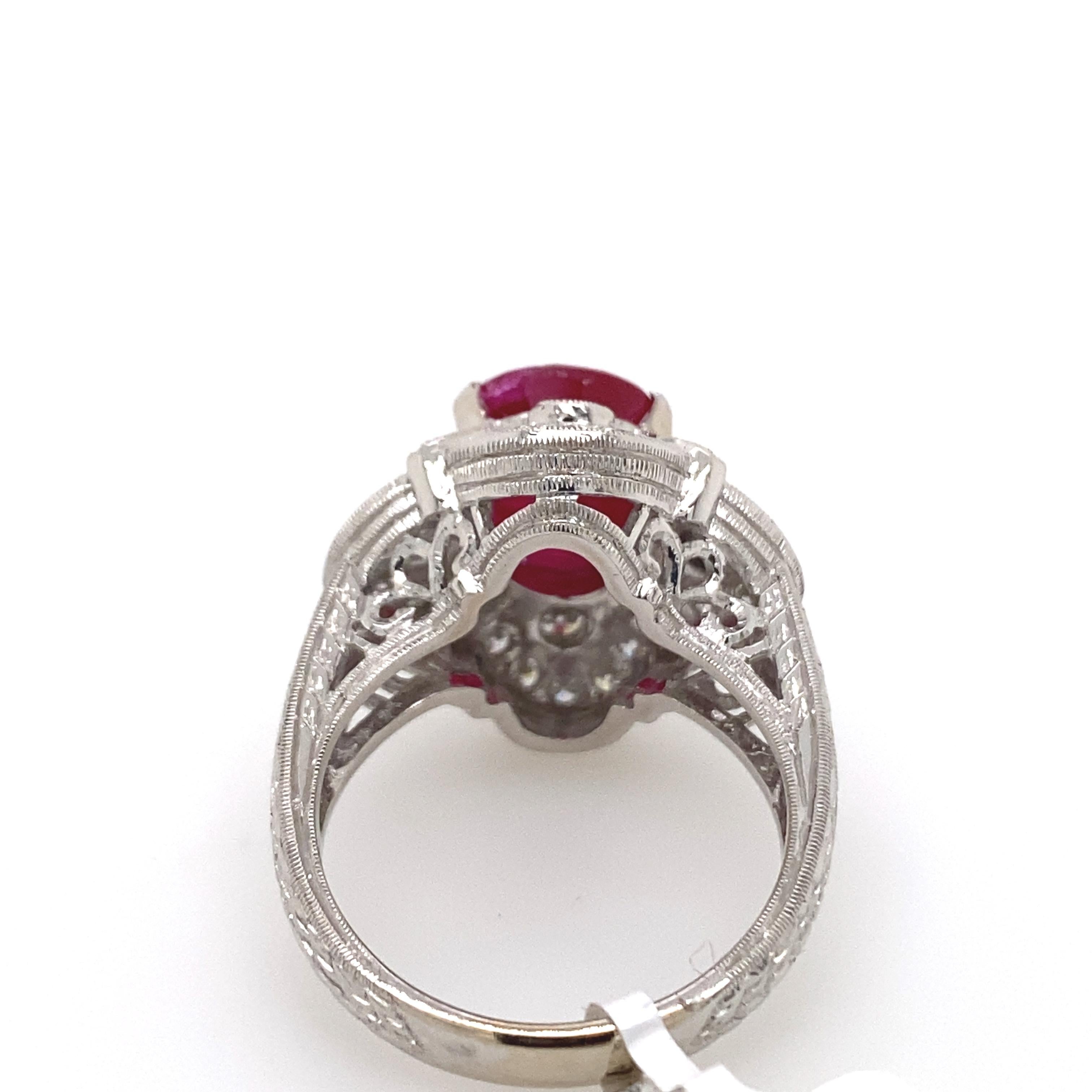 Women's 5.12 Carat Ruby with Diamond Art Deco Style Ring 18 Karat White Gold For Sale