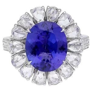 5.12 carats Oval Tanzanite 2.13 carats diamonds 18K White Gold Ring