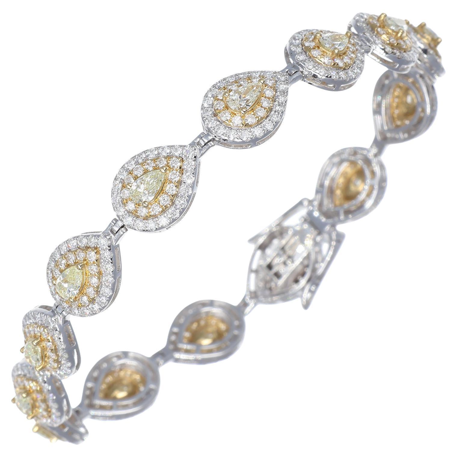 Bracelet fantaisie en diamants blancs de 5,12 carats et diamants jaunes clairs de 3,5 carats, taille poire  en vente