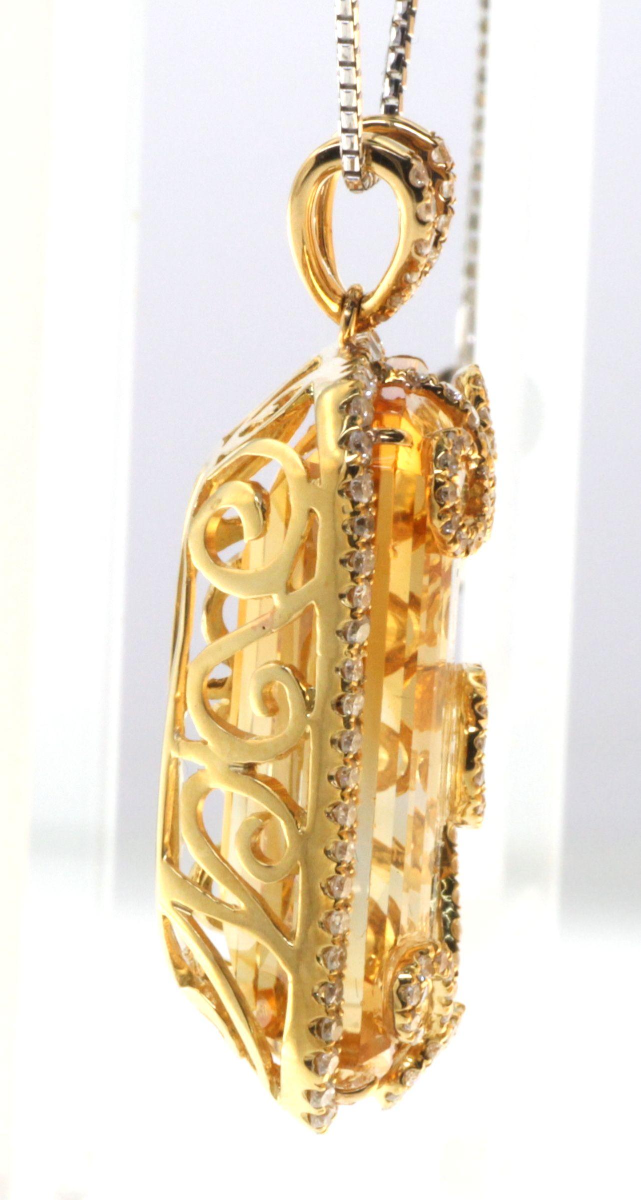 Artisan 51.22 Carat Citrine Diamond Pendant in 18 Karat Yellow Gold For Sale