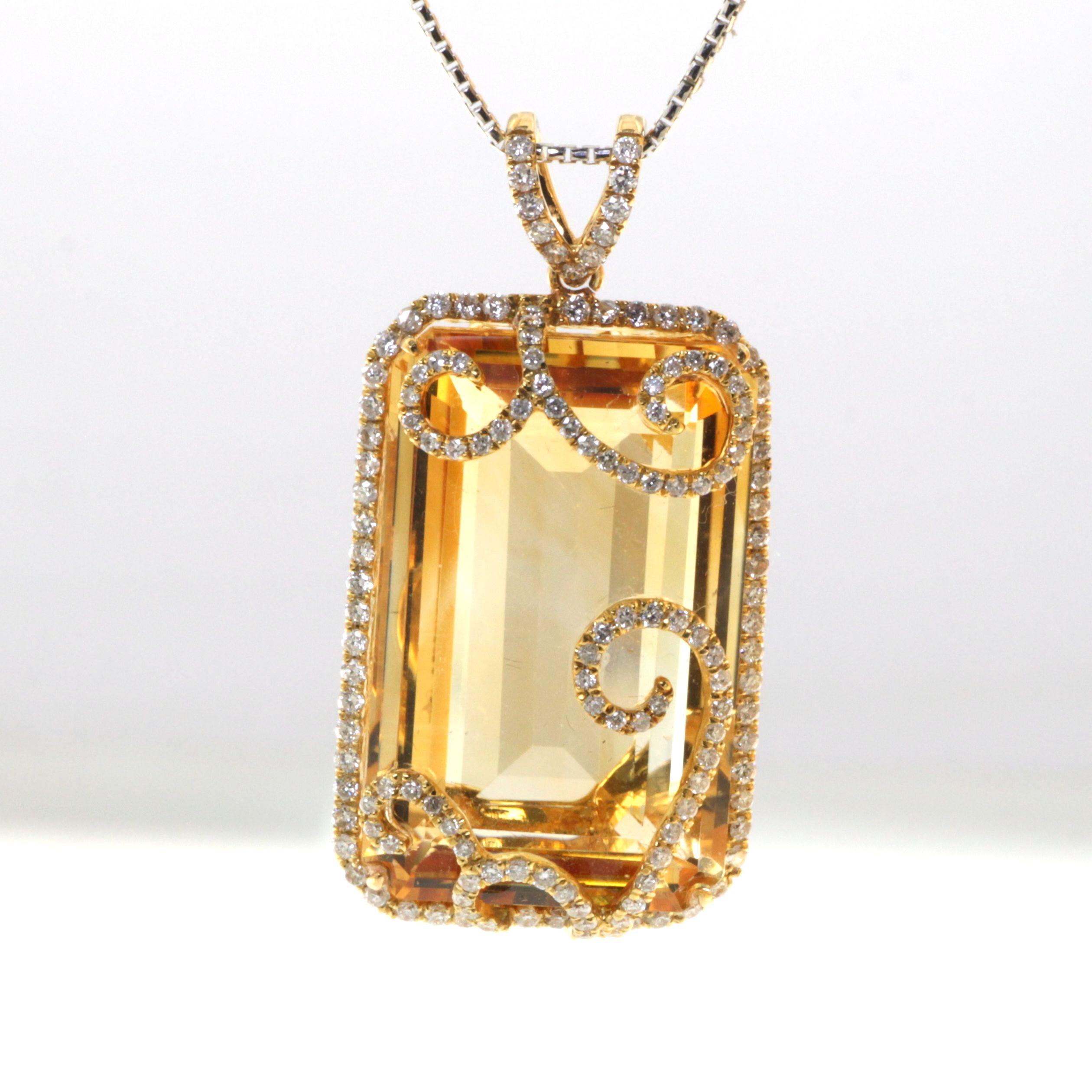 Emerald Cut 51.22 Carat Citrine Diamond Pendant in 18 Karat Yellow Gold For Sale