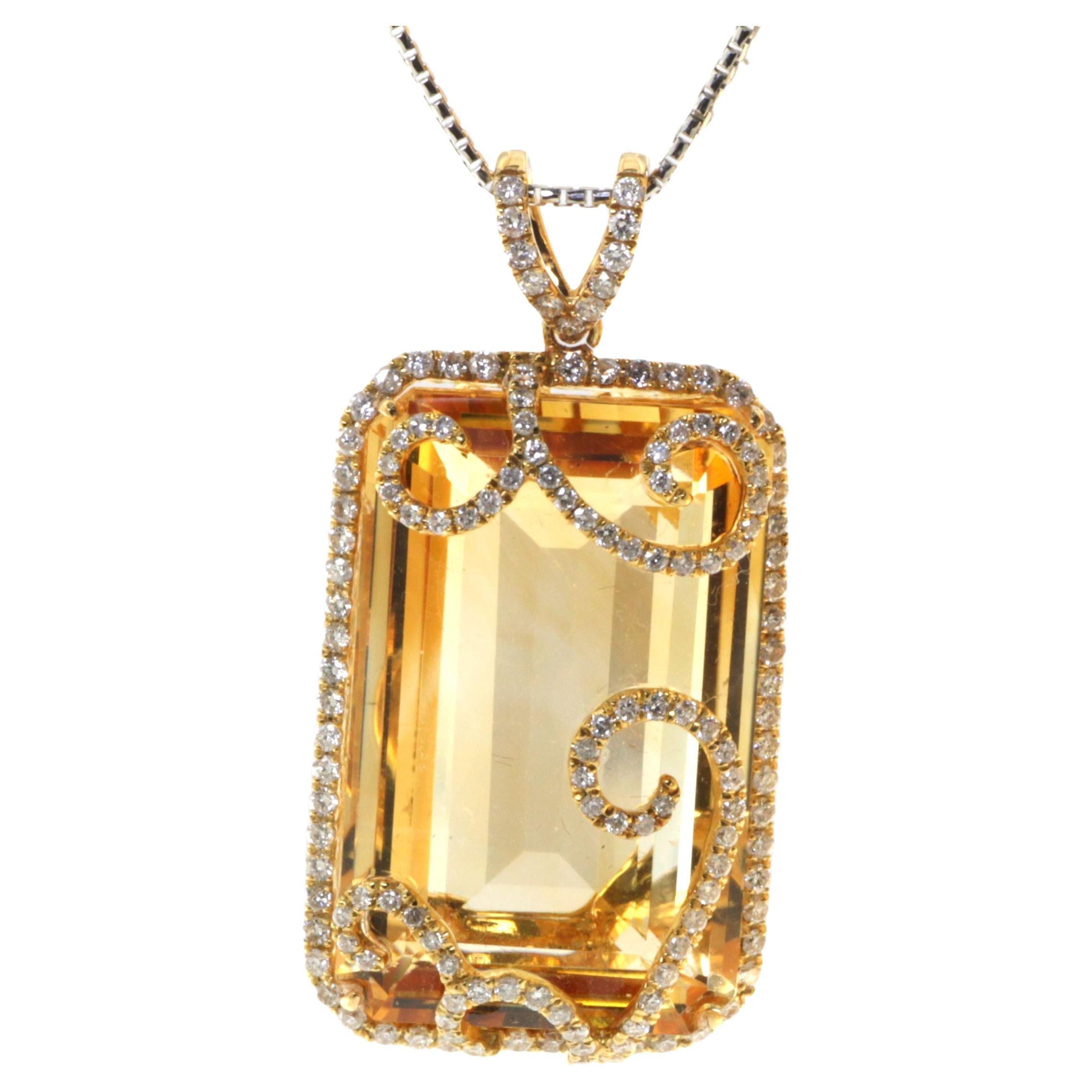 51.22 Carat Citrine Diamond Pendant in 18 Karat Yellow Gold For Sale