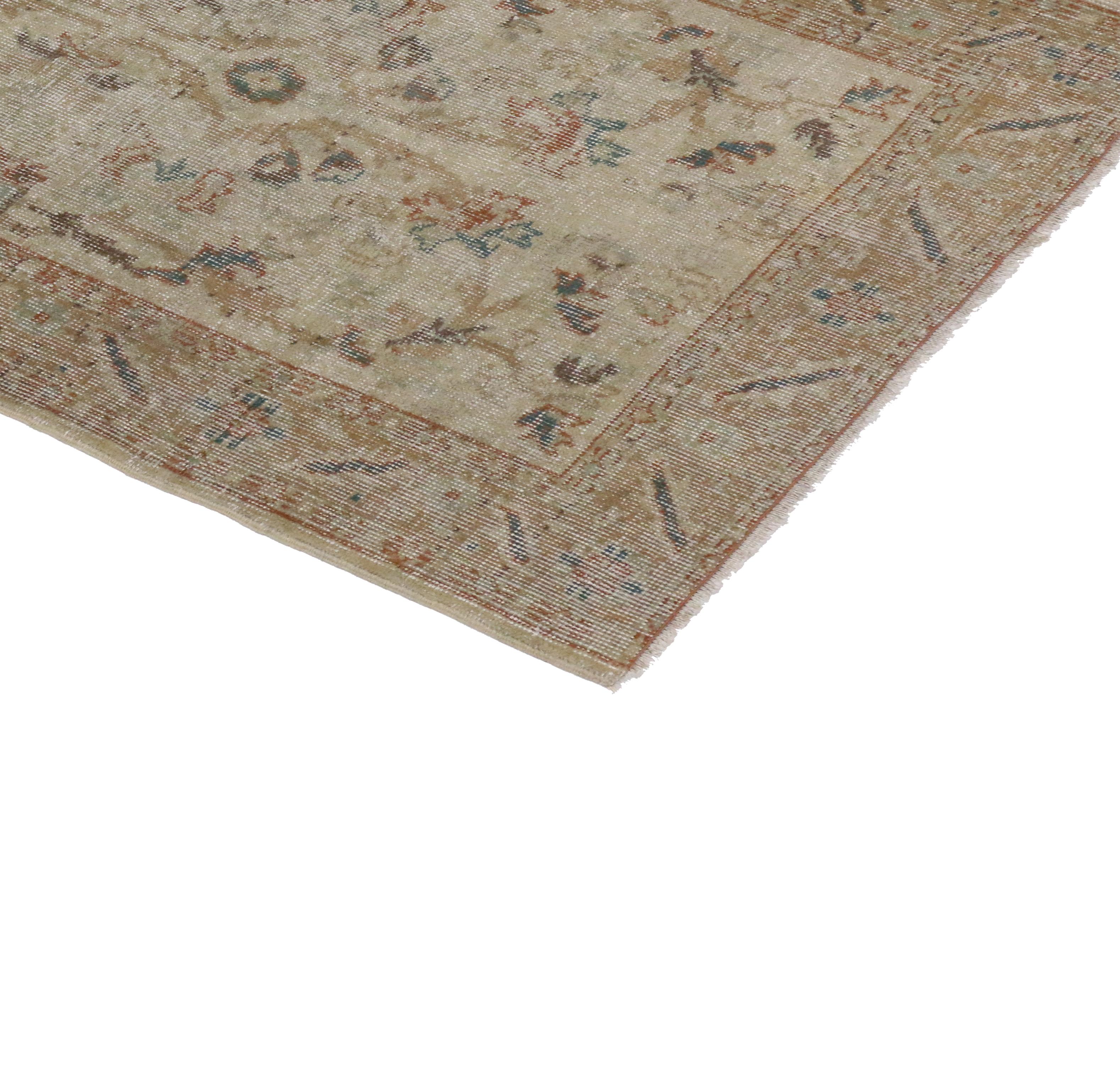 51265, distressed vintage Turkish Sivas rug with rustic farmhouse style. This distressed vintage Turkish Sivas rug with rustic farmhouse style features an unpretentious botanical design composed of leaves, vines, and palmettes. From the distressed