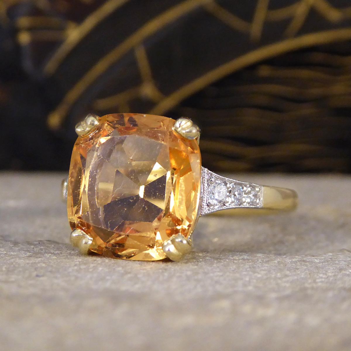 5.12ct Imperial Topaz Ring with Diamond Set Tapered Shoulders in 18ct Gold In Good Condition In Yorkshire, West Yorkshire