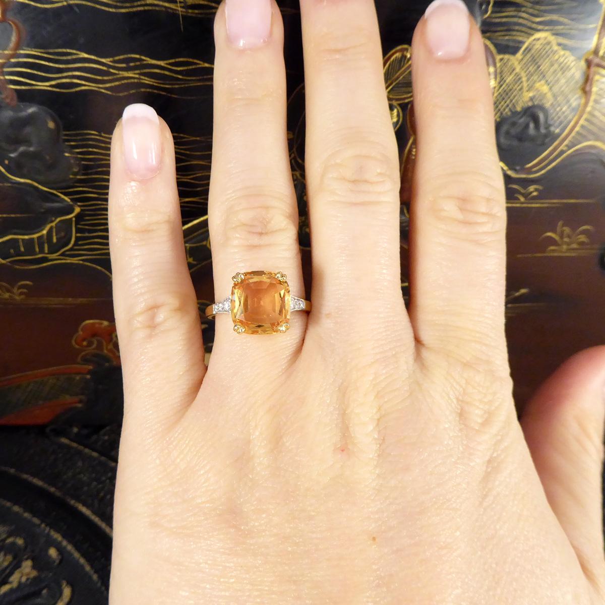 Women's or Men's 5.12ct Imperial Topaz Ring with Diamond Set Tapered Shoulders in 18ct Gold