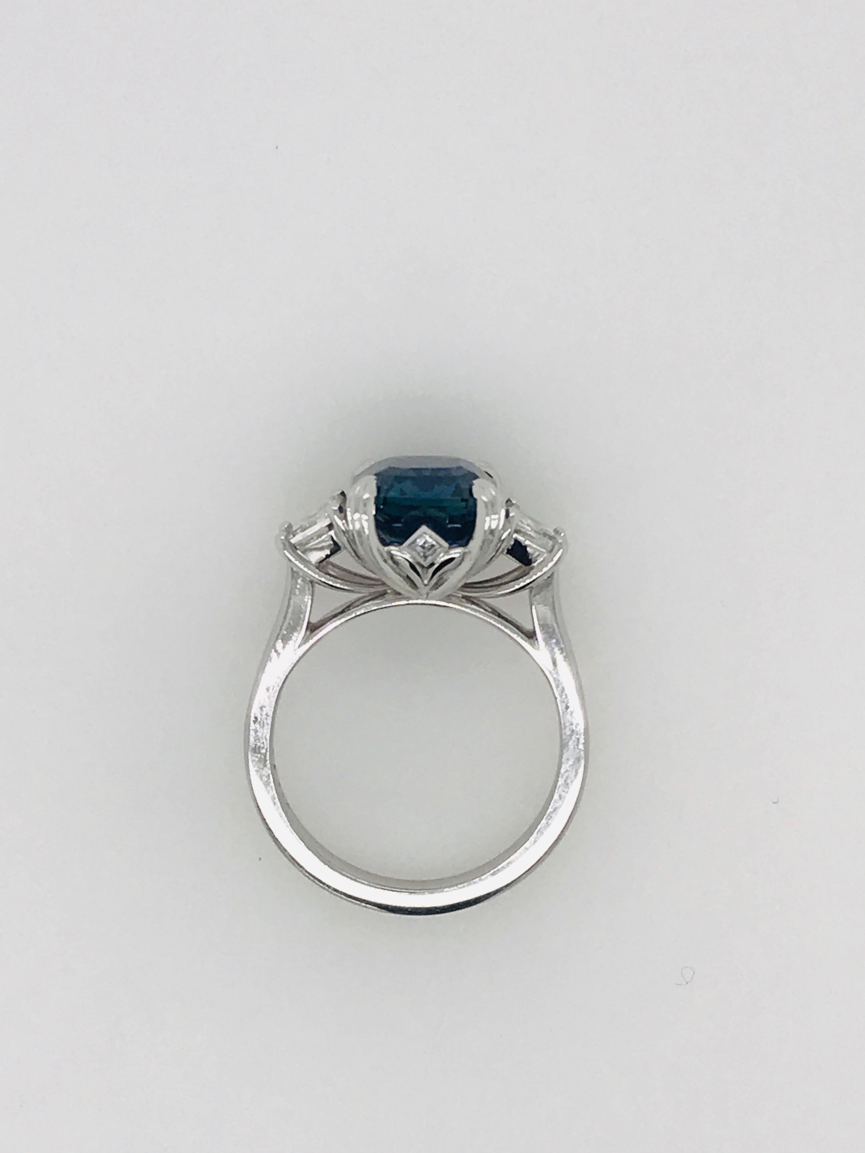 Emerald Cut 5.12 Carat Madagascan Sapphire and Trapezoid Diamond Ring in 18 Carat White Gold
