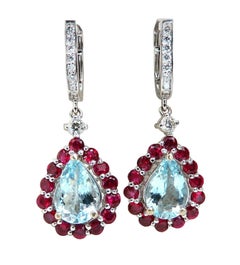 5.12 Carat Natural Aquamarines Ruby Diamond Dangle Earrings 14 Karat