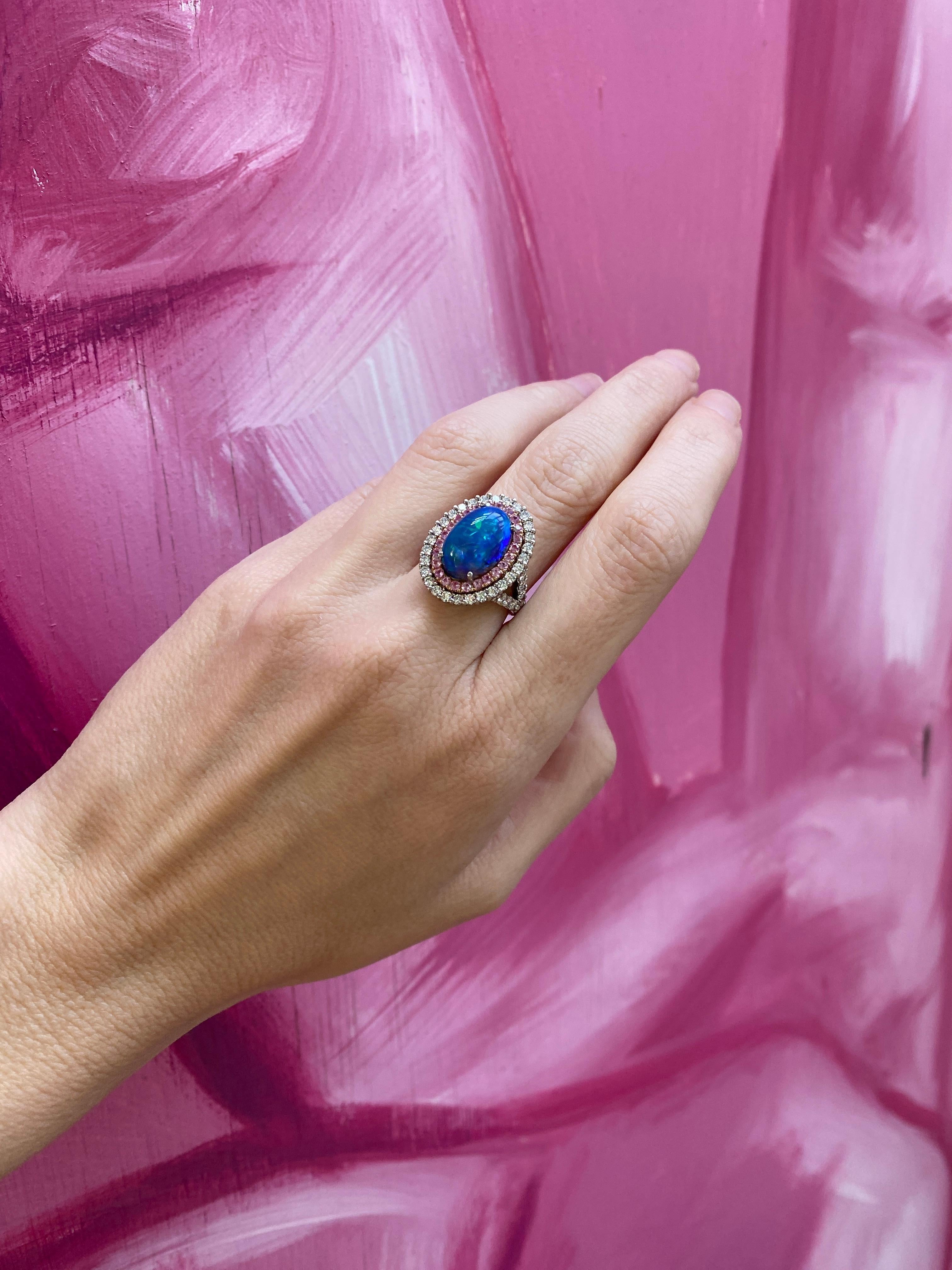 For Sale:  5.12ct Natural Opal w/ Double Halo .83ctw Pink Sapphires & 1.38ctw Diamonds Ring 10