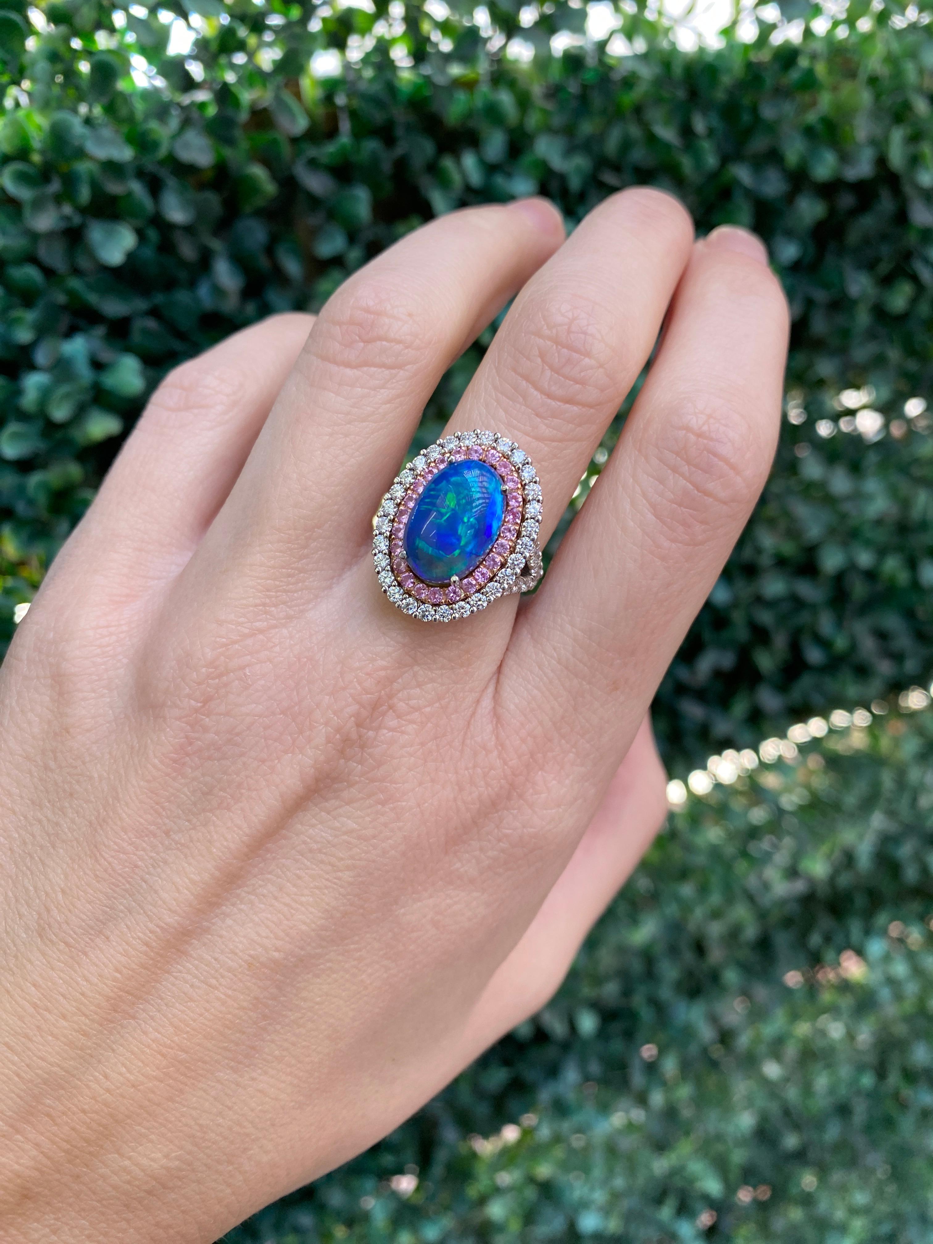 For Sale:  5.12ct Natural Opal w/ Double Halo .83ctw Pink Sapphires & 1.38ctw Diamonds Ring 12