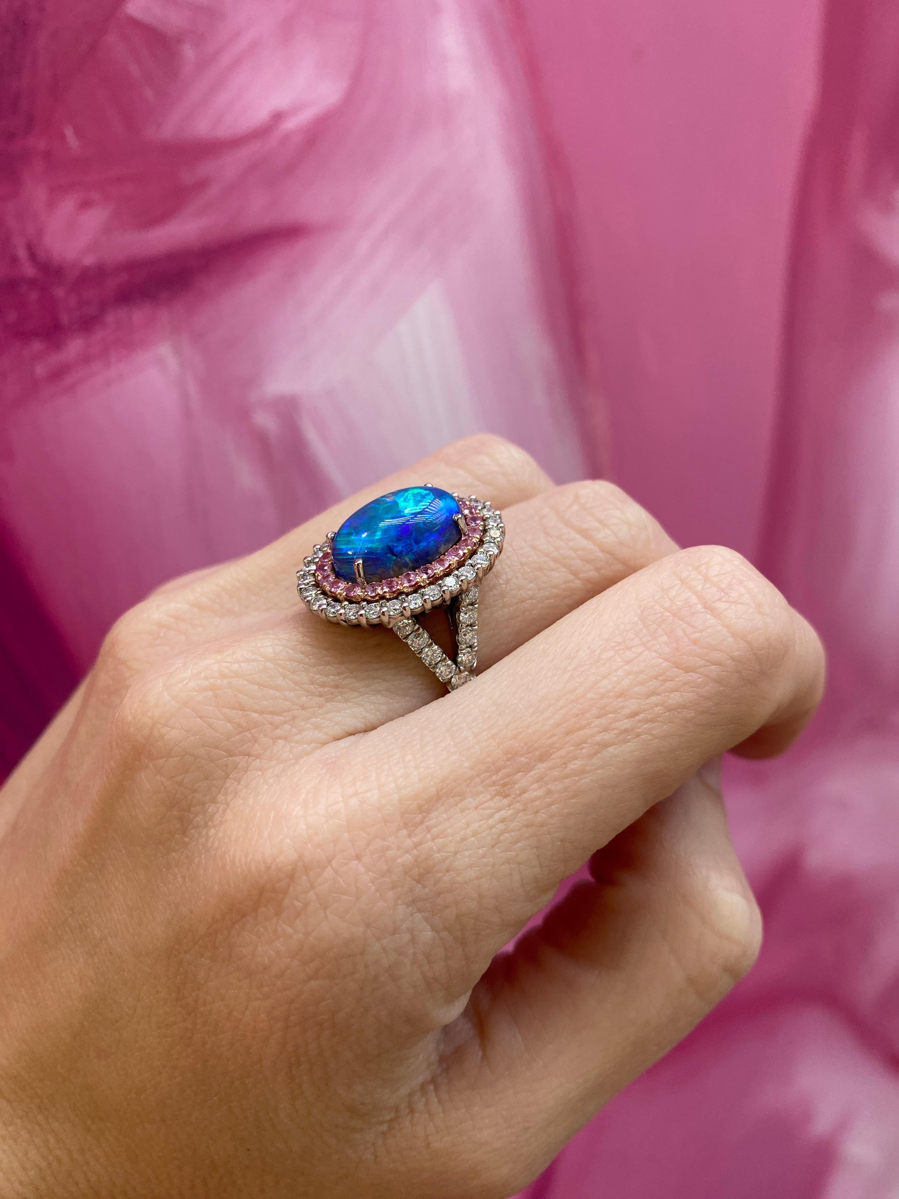 For Sale:  5.12ct Natural Opal w/ Double Halo .83ctw Pink Sapphires & 1.38ctw Diamonds Ring 13