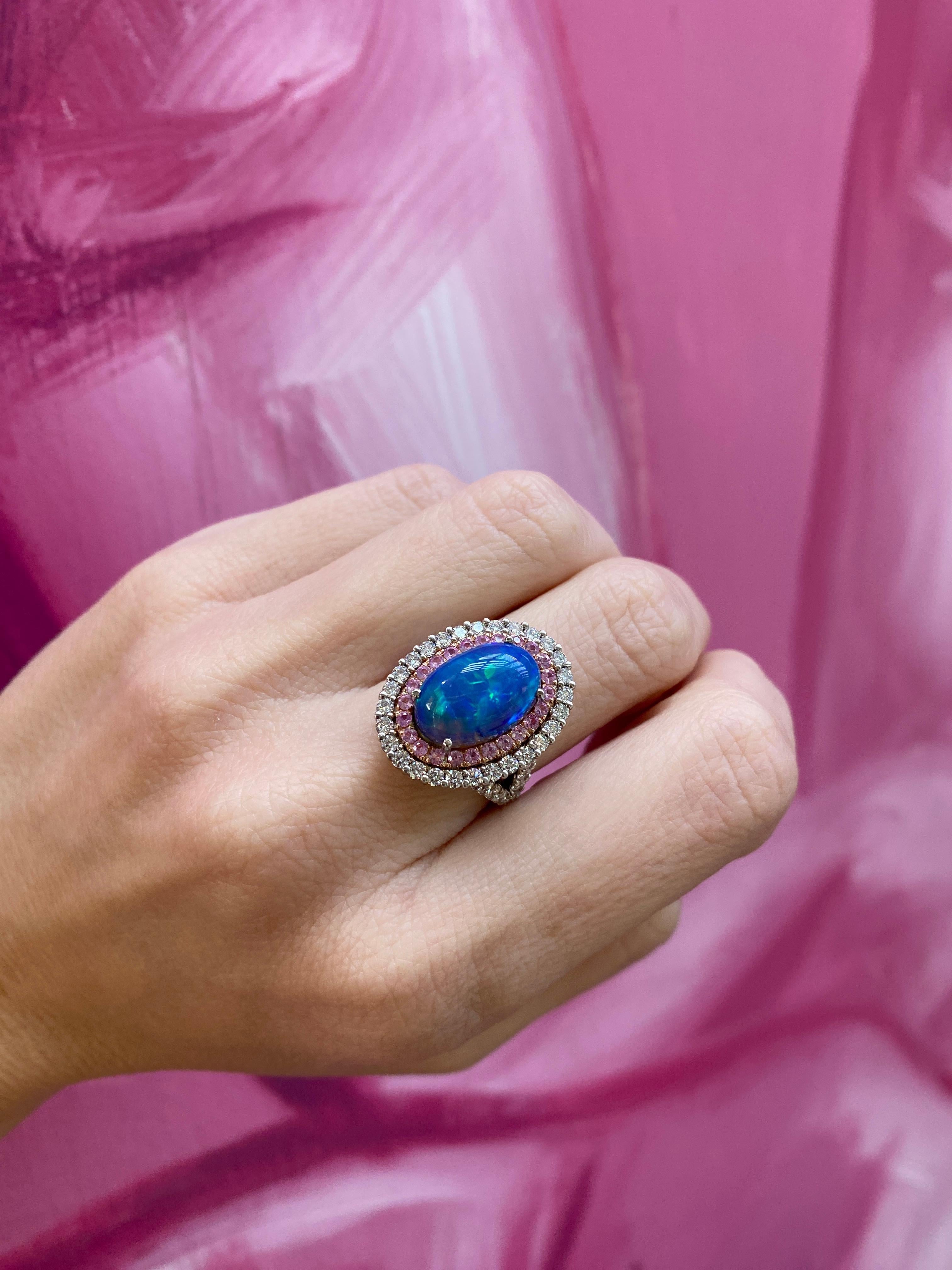 For Sale:  5.12ct Natural Opal w/ Double Halo .83ctw Pink Sapphires & 1.38ctw Diamonds Ring 14