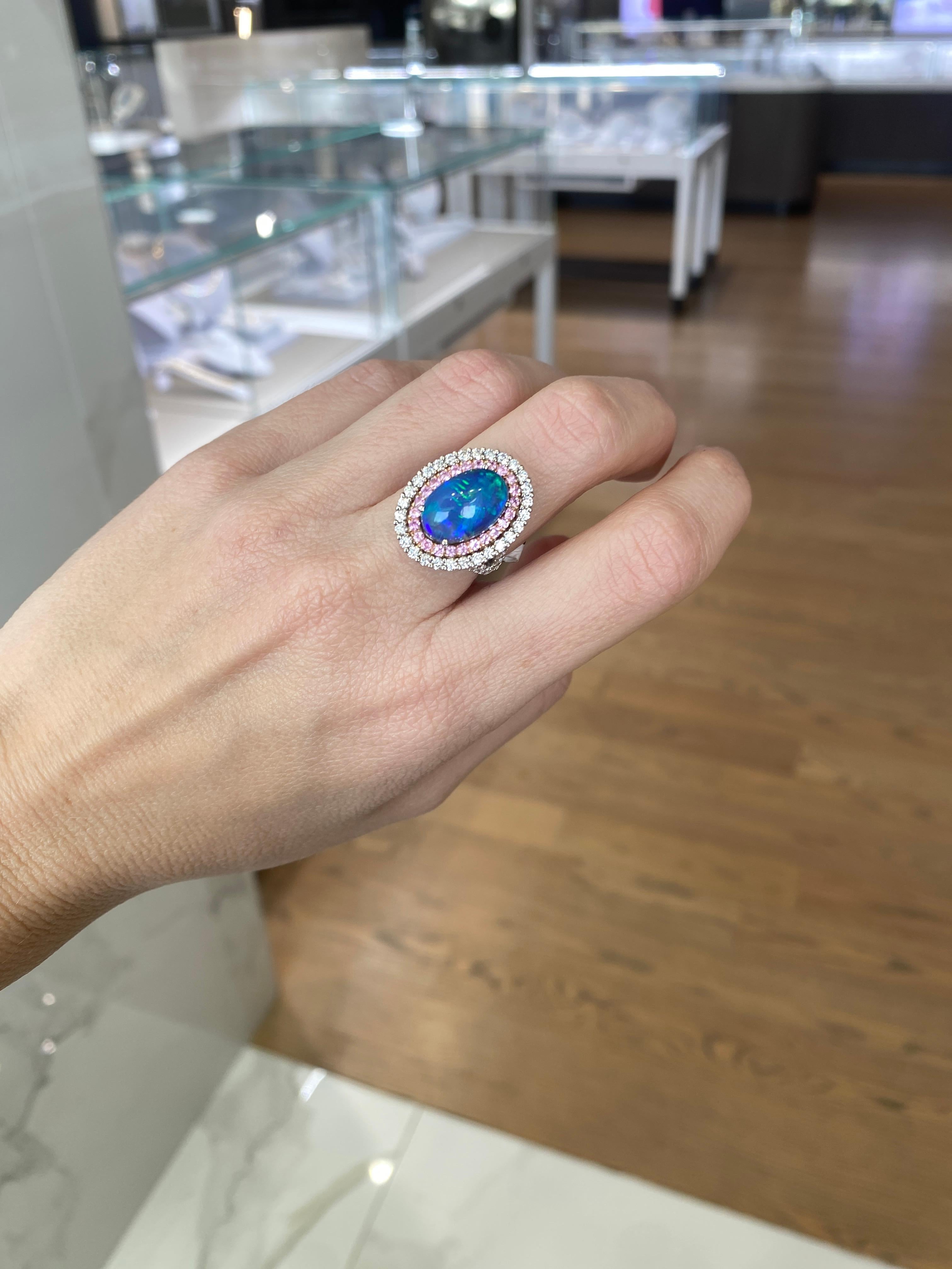 For Sale:  5.12ct Natural Opal w/ Double Halo .83ctw Pink Sapphires & 1.38ctw Diamonds Ring 15