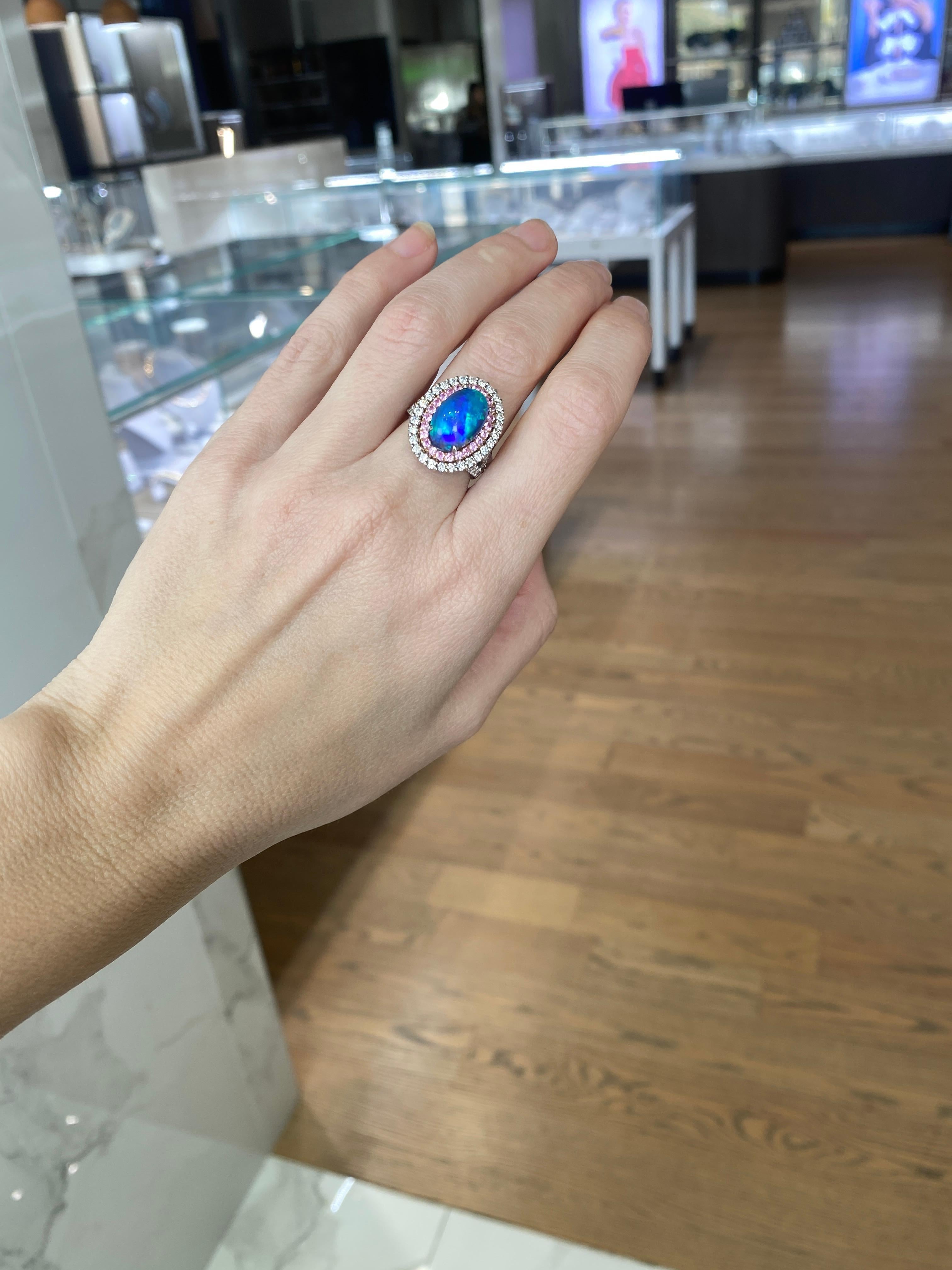 For Sale:  5.12ct Natural Opal w/ Double Halo .83ctw Pink Sapphires & 1.38ctw Diamonds Ring 16