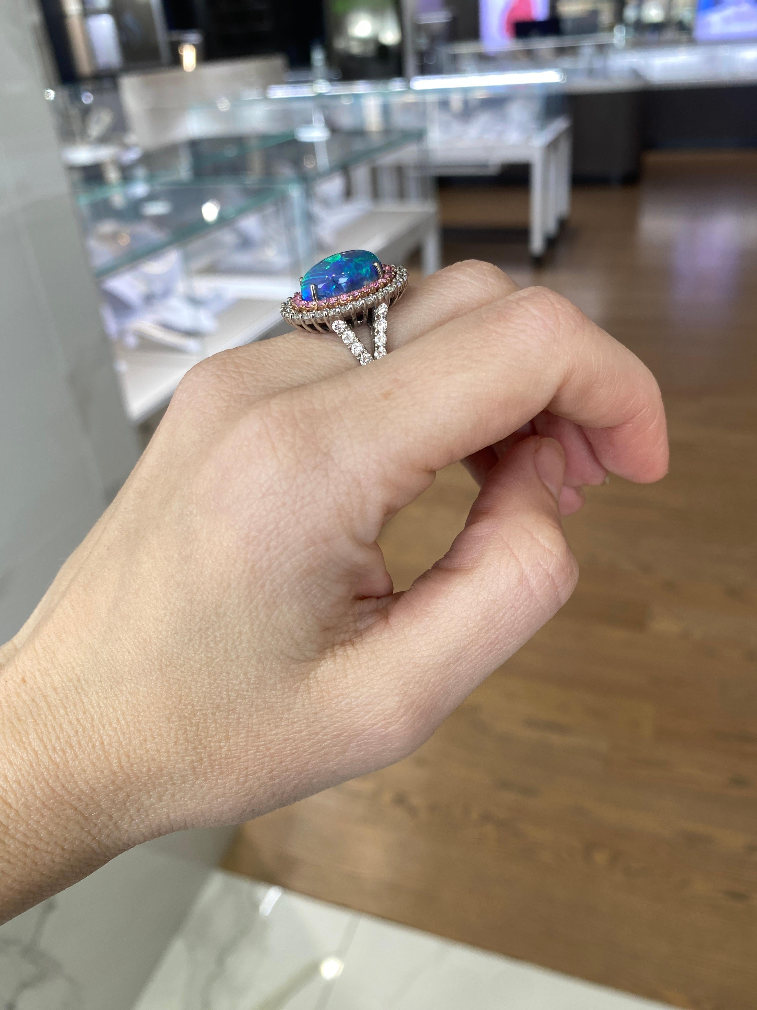 For Sale:  5.12ct Natural Opal w/ Double Halo .83ctw Pink Sapphires & 1.38ctw Diamonds Ring 17