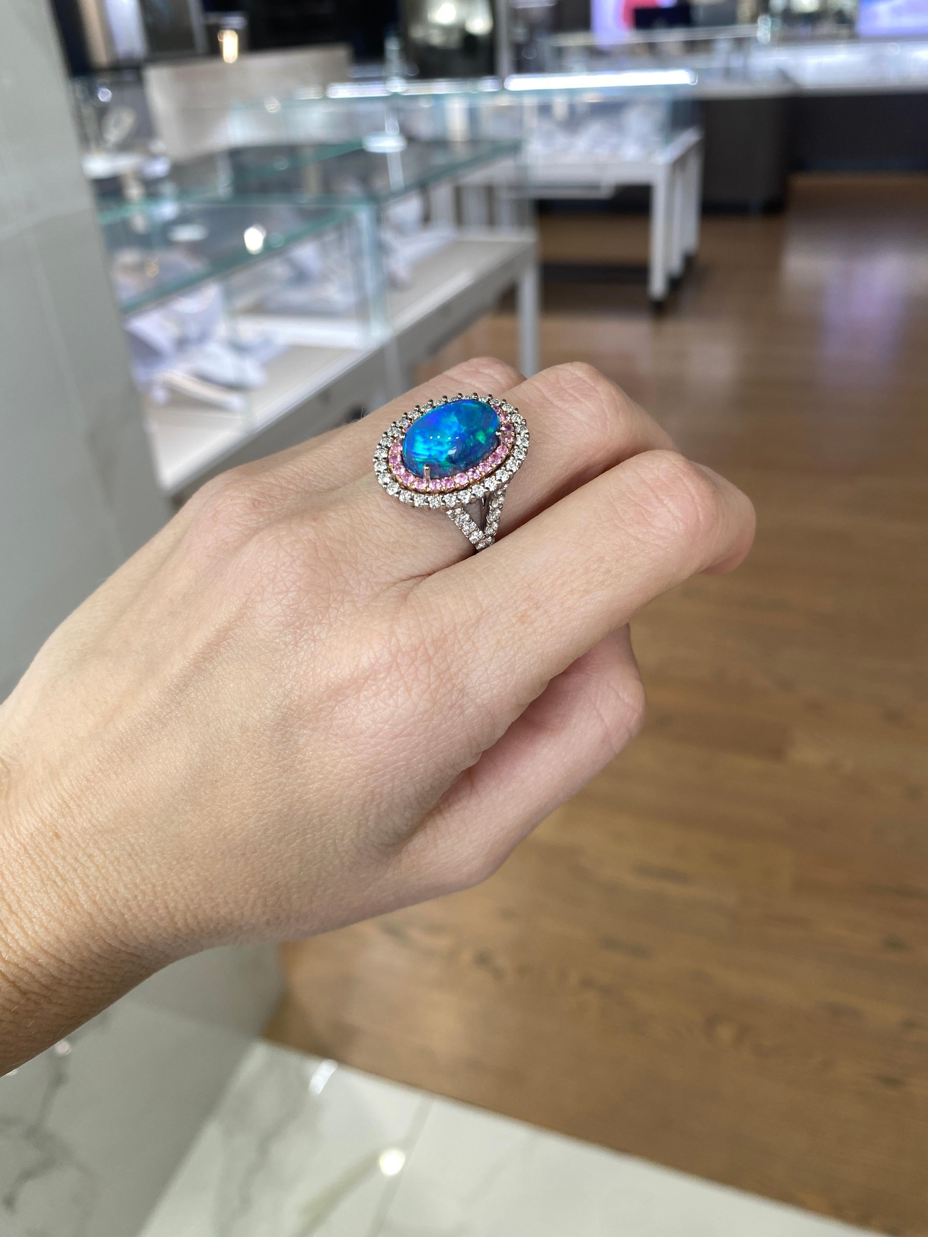 For Sale:  5.12ct Natural Opal w/ Double Halo .83ctw Pink Sapphires & 1.38ctw Diamonds Ring 18
