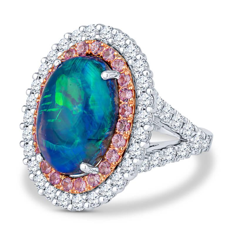 For Sale:  5.12ct Natural Opal w/ Double Halo .83ctw Pink Sapphires & 1.38ctw Diamonds Ring 2