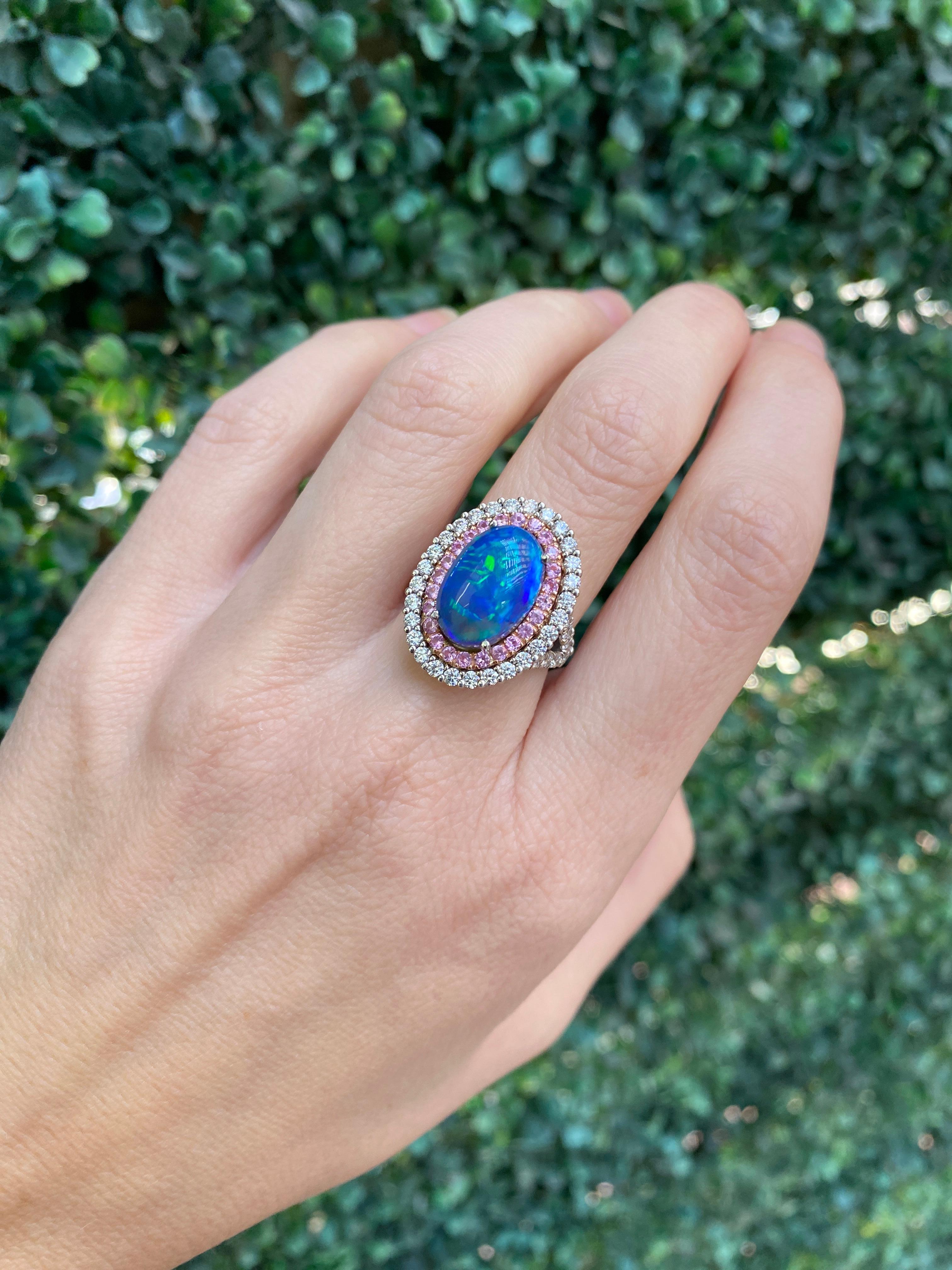 For Sale:  5.12ct Natural Opal w/ Double Halo .83ctw Pink Sapphires & 1.38ctw Diamonds Ring 7