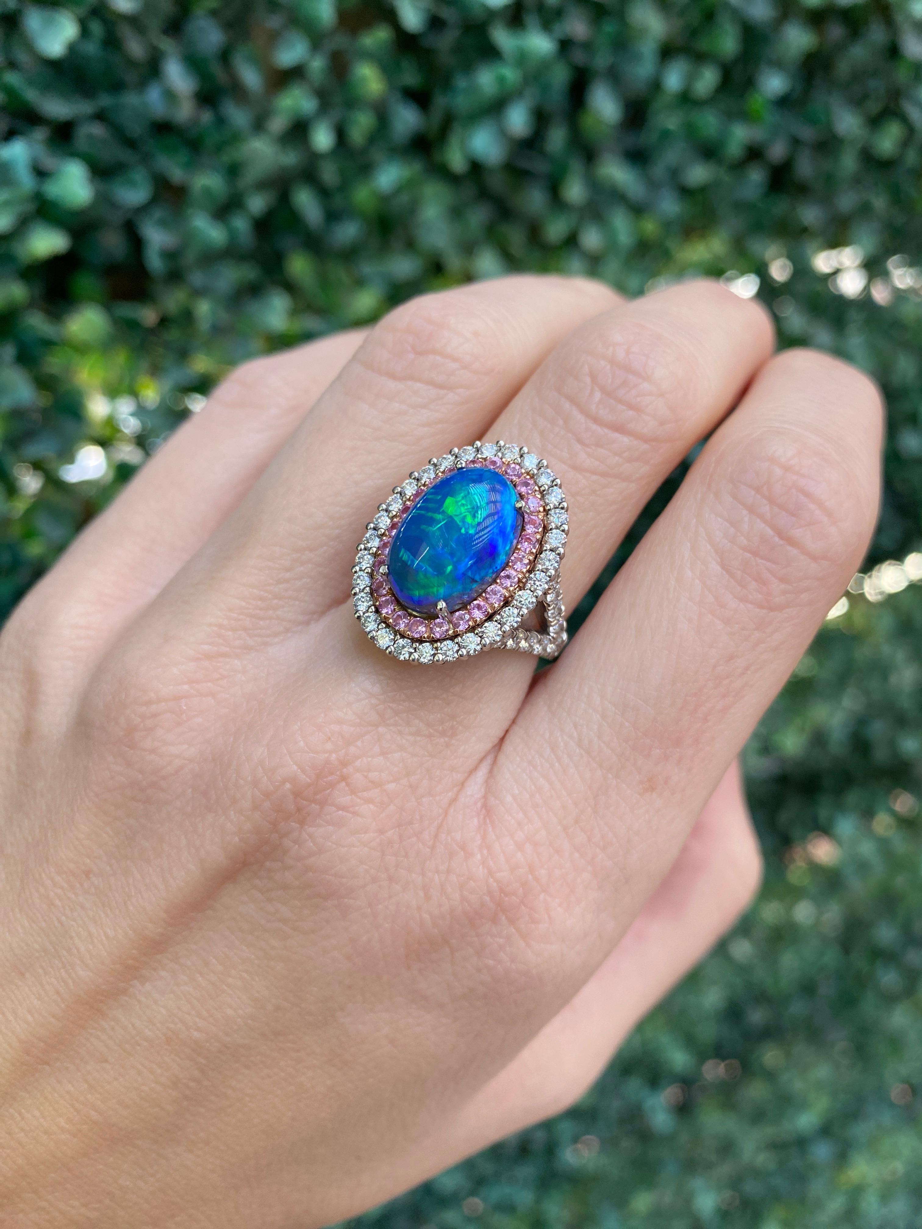 For Sale:  5.12ct Natural Opal w/ Double Halo .83ctw Pink Sapphires & 1.38ctw Diamonds Ring 8