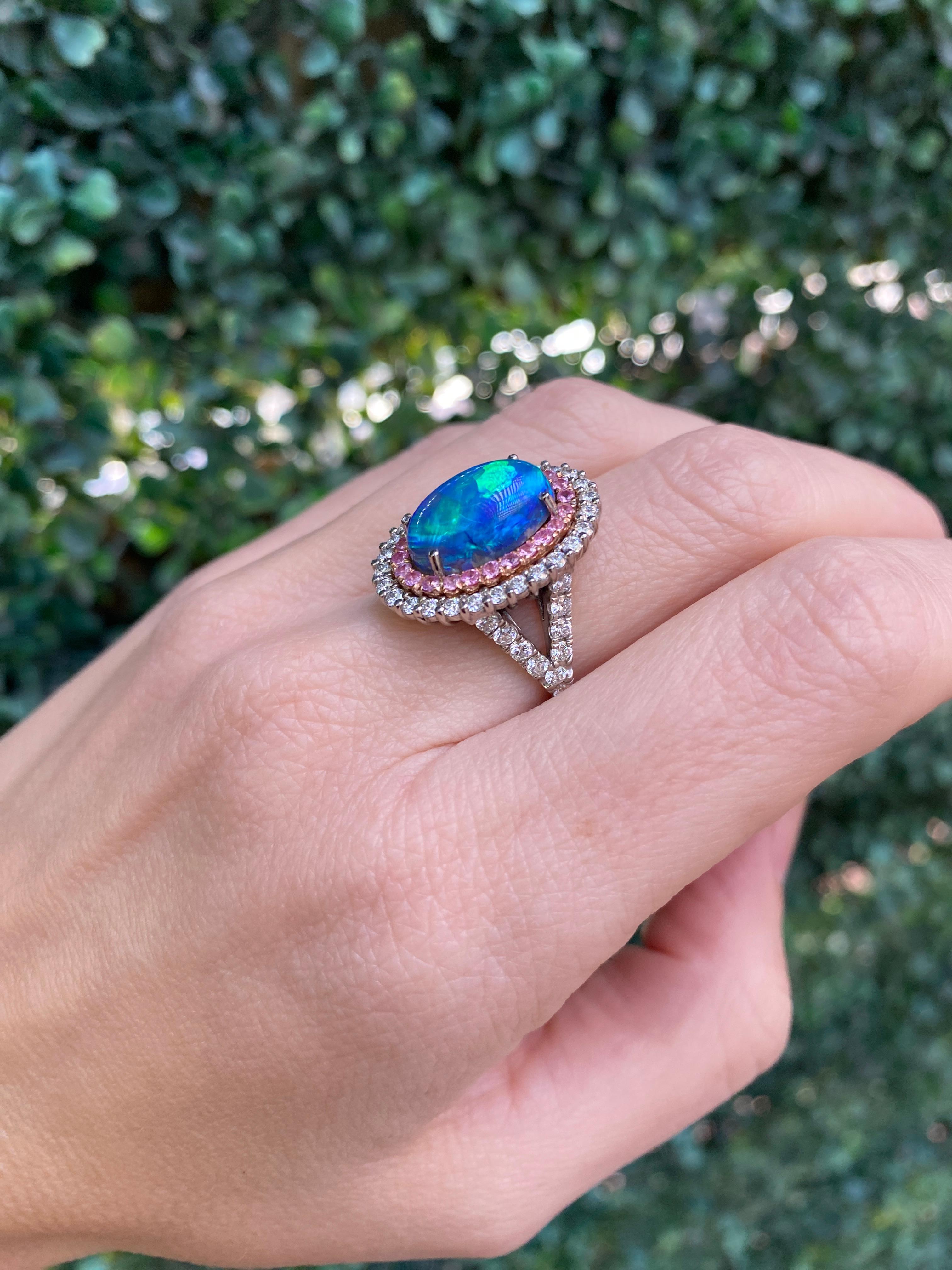 For Sale:  5.12ct Natural Opal w/ Double Halo .83ctw Pink Sapphires & 1.38ctw Diamonds Ring 9