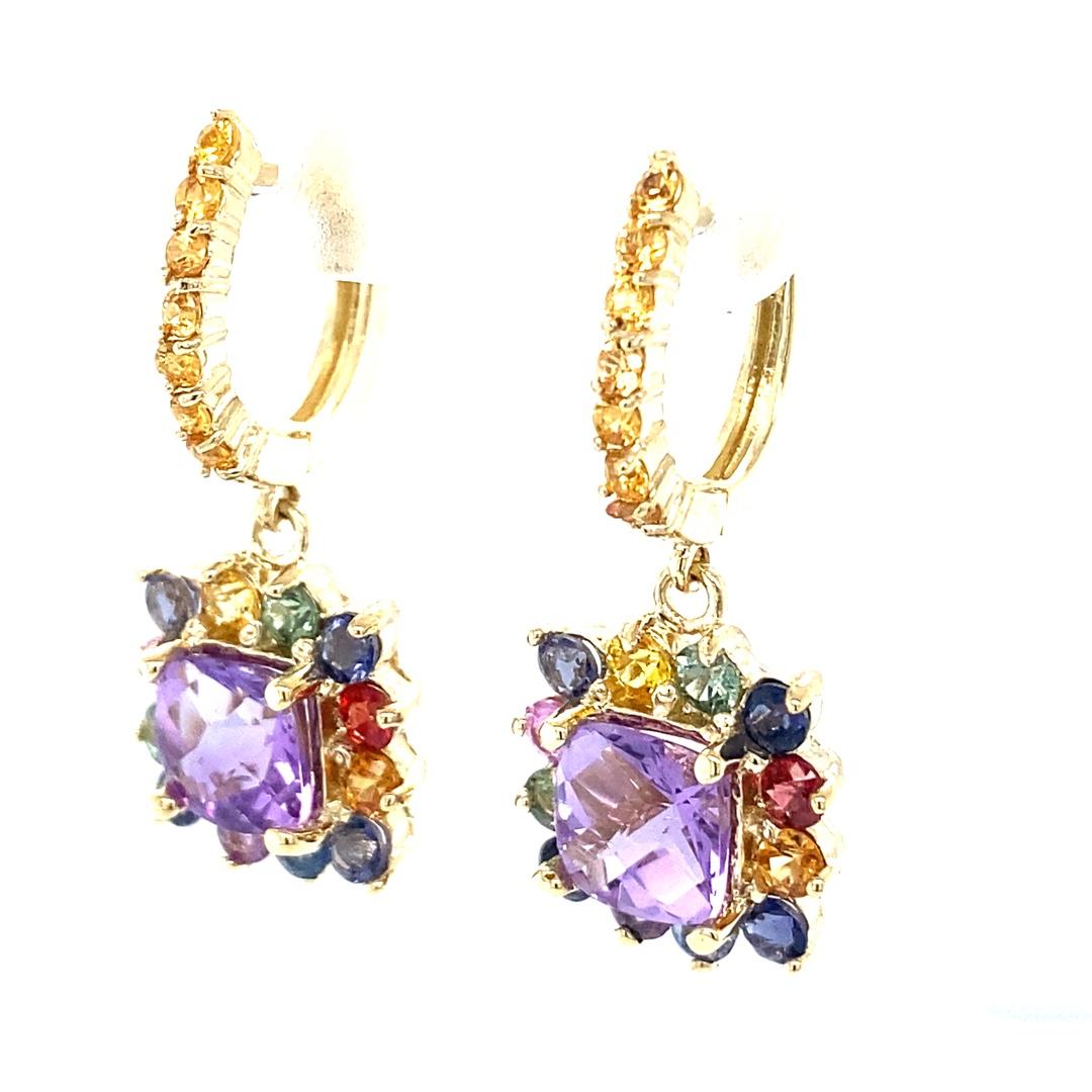 Cushion Cut 5.13 Carat Amethyst Multi Color Sapphire Drop Earrings For Sale