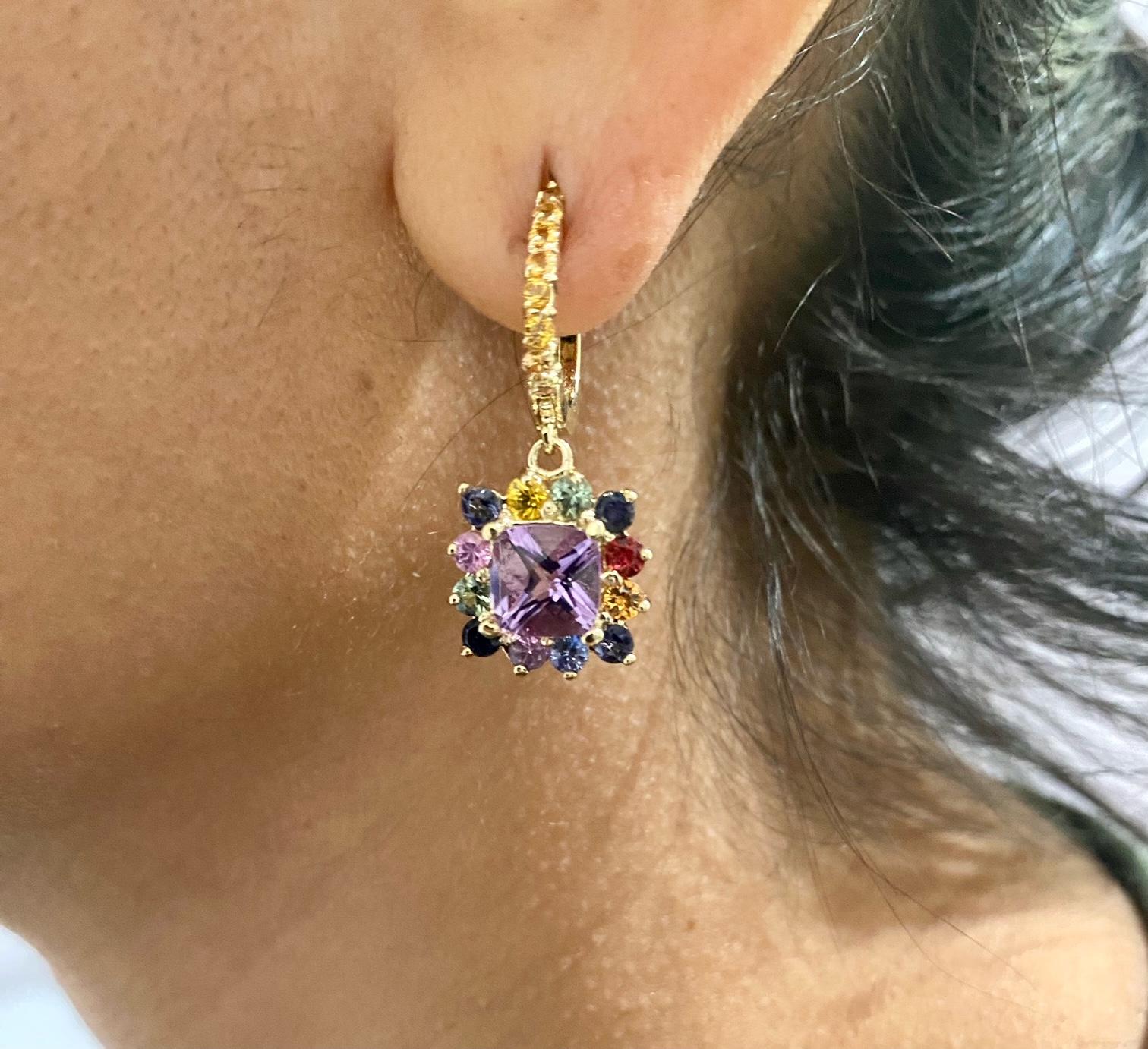 5.13 Carat Amethyst Multi Color Sapphire Drop Earrings In New Condition For Sale In Los Angeles, CA