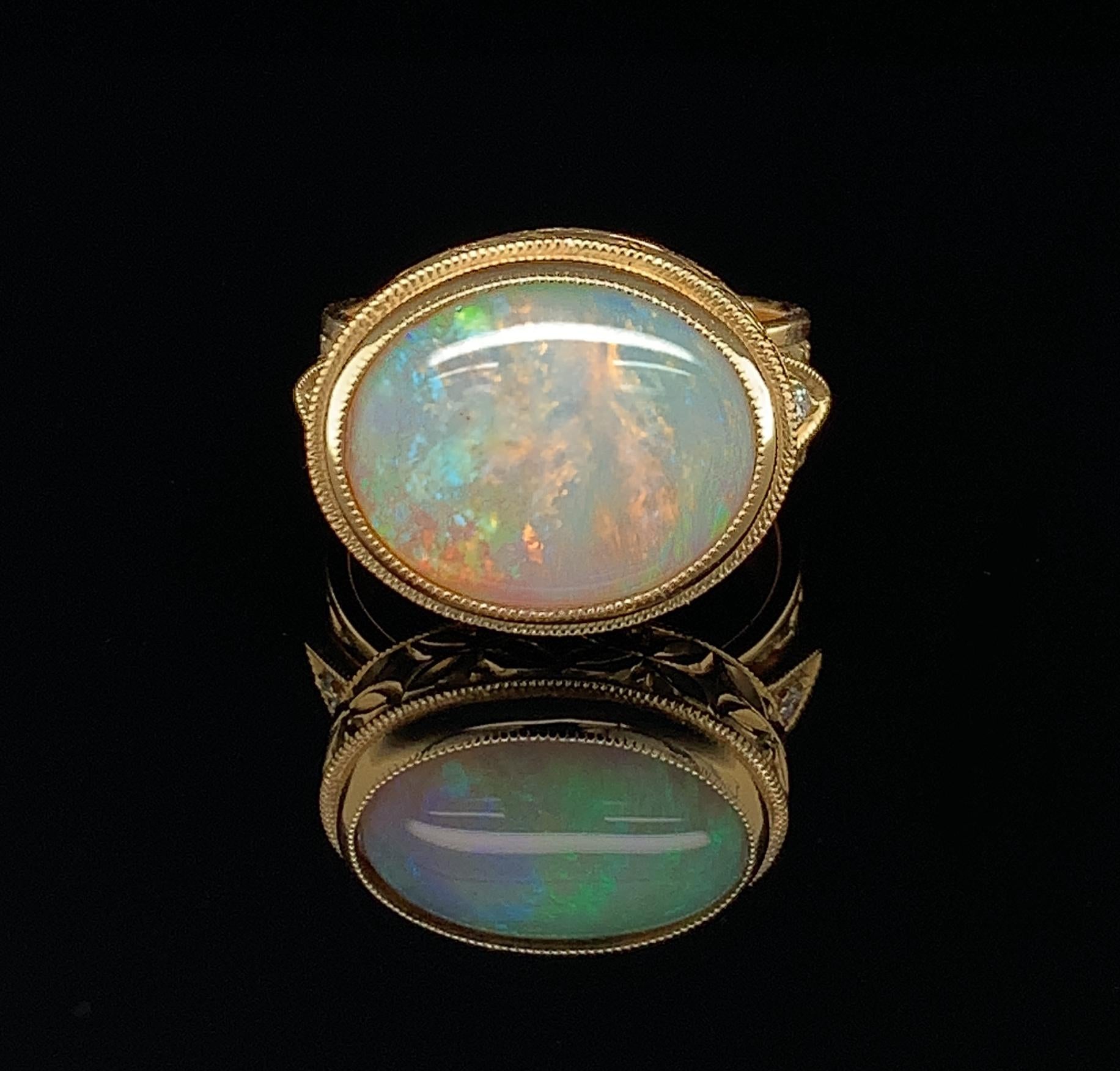 Cabochon 5.13 Carat Australian Opal Diamond Yellow Gold Handmade Dome Cocktail Ring