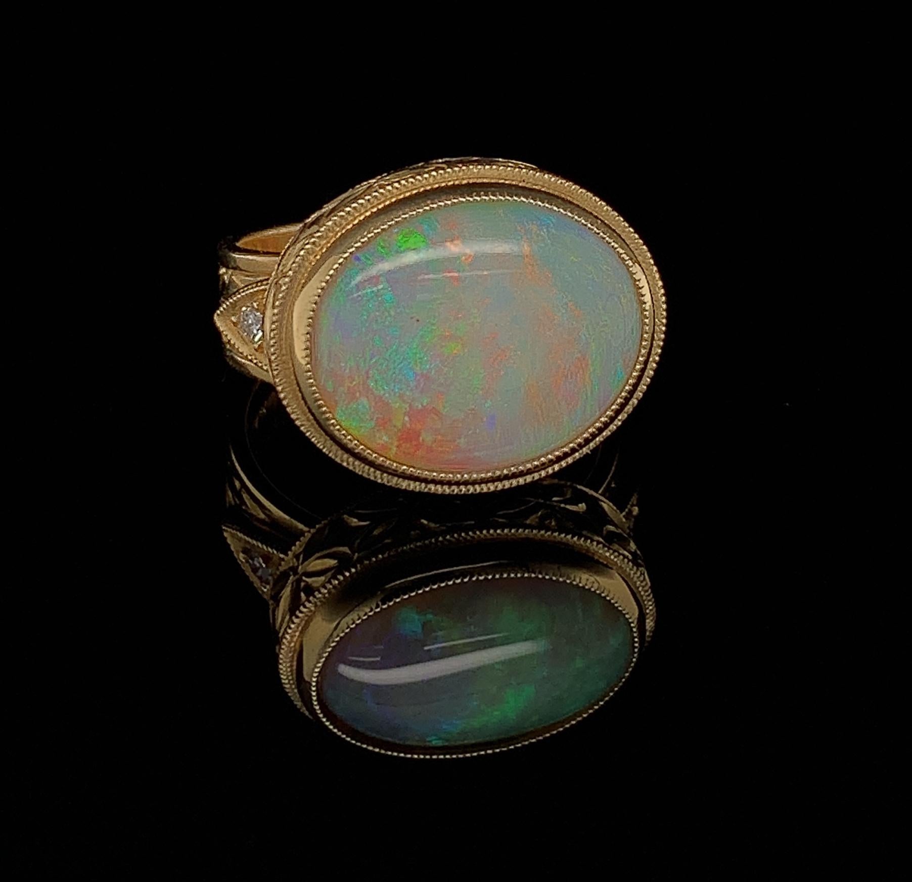 5.13 Carat Australian Opal Diamond Yellow Gold Handmade Dome Cocktail Ring In New Condition In Los Angeles, CA