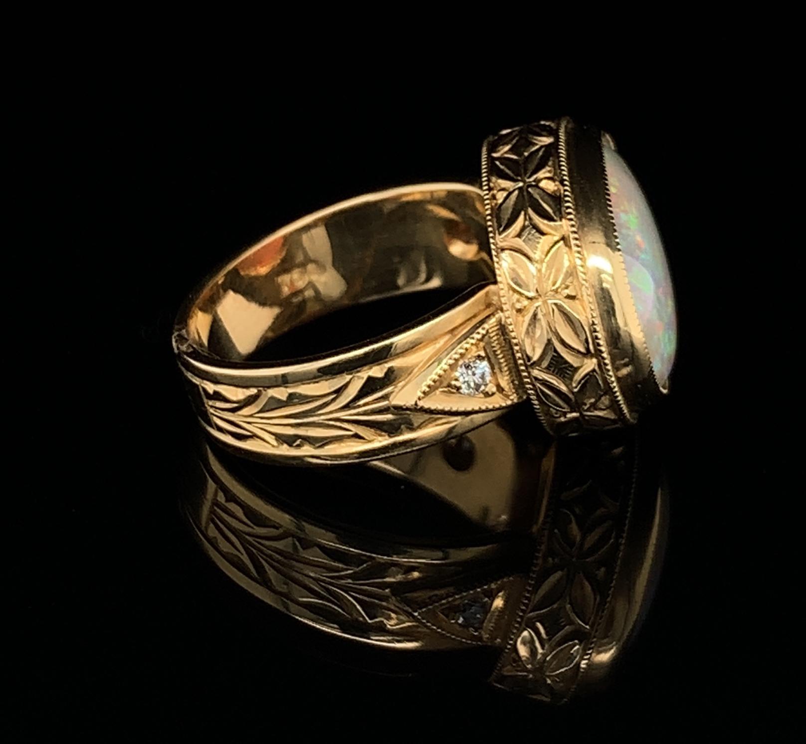 Women's or Men's 5.13 Carat Australian Opal Diamond Yellow Gold Handmade Dome Cocktail Ring