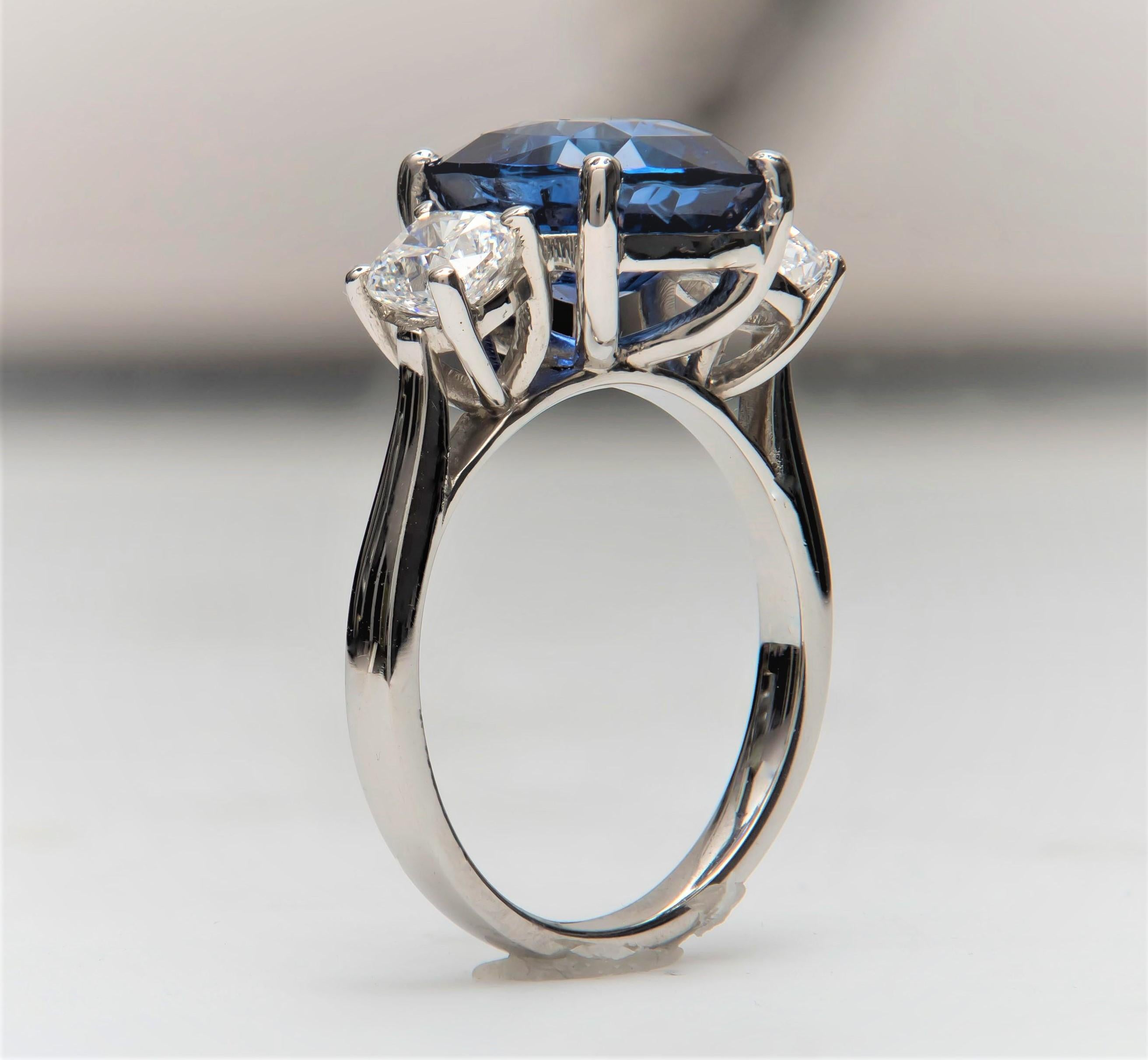 5.13 Carat Cushion Cut Blue Sapphire and 1.10 Carat Diamond, 3-Stone Ring 1