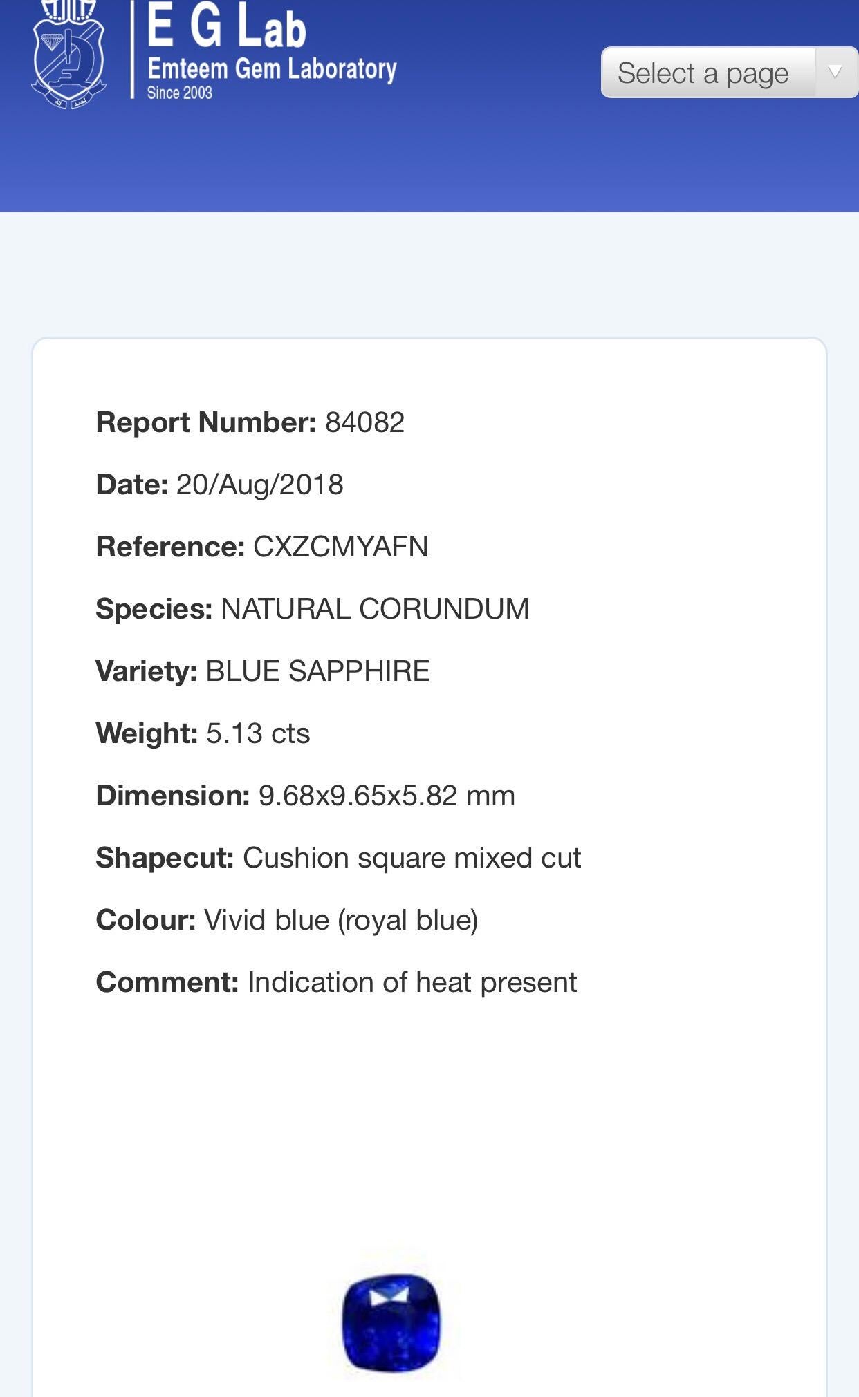 5.13 Carat Cushion Cut Blue Sapphire and 1.10 Carat Diamond, 3-Stone Ring 2