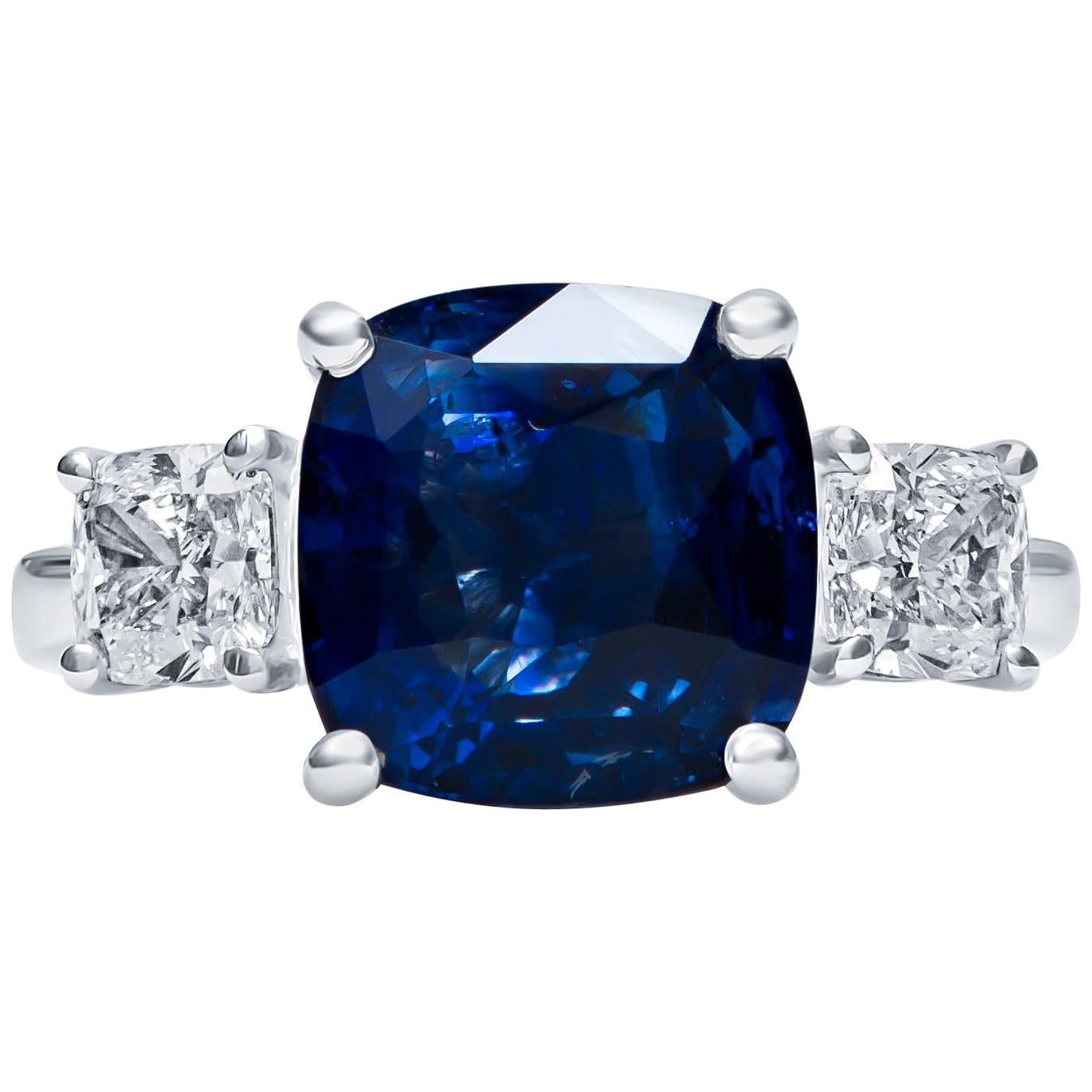 5.13 Carat Cushion Cut Blue Sapphire and 1.10 Carat Diamond, 3-Stone Ring