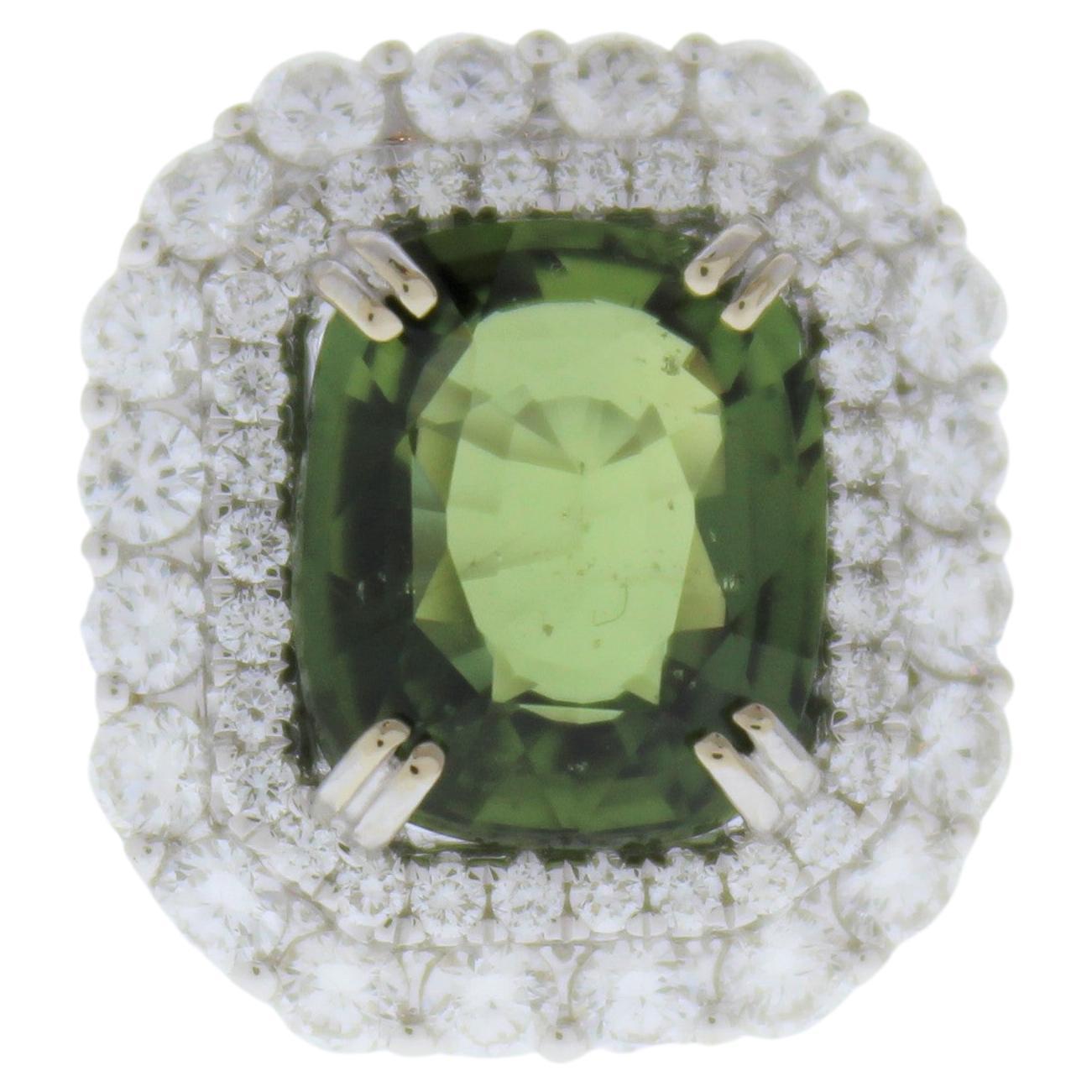 5.13 Carat Cushion Green Sapphire and Diamond Ring in 18K White Gold