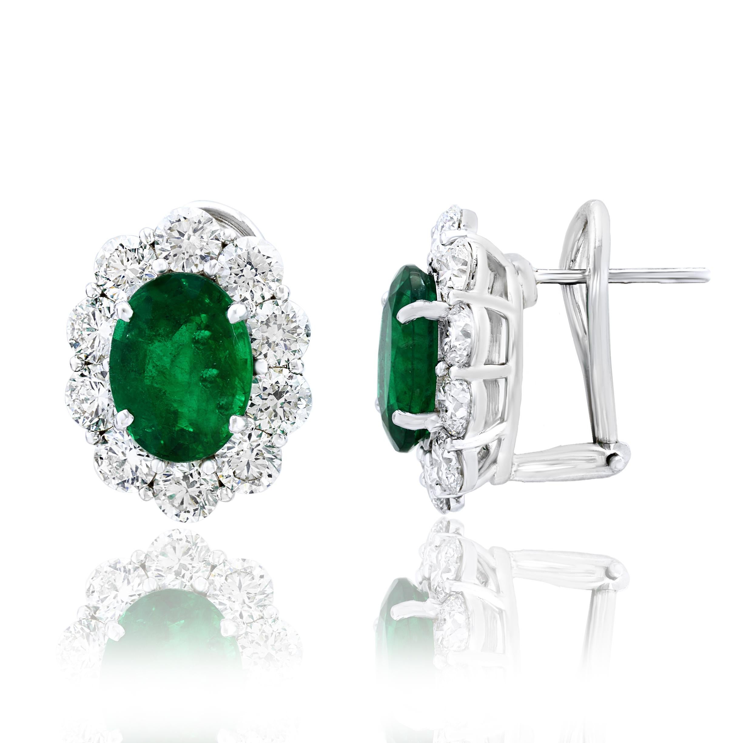 5.13 Carat Oval Cut Emerald and Diamond Halo Earrings in 18K White Gold In New Condition For Sale In NEW YORK, NY