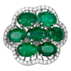 5.13 Carat Oval Shaped Emerald Diamond Flower Ring 14 Karat White Gold 5.13 Carat Oval Shaped Emerald Diamond Flower Ring 14 Karat White Gold