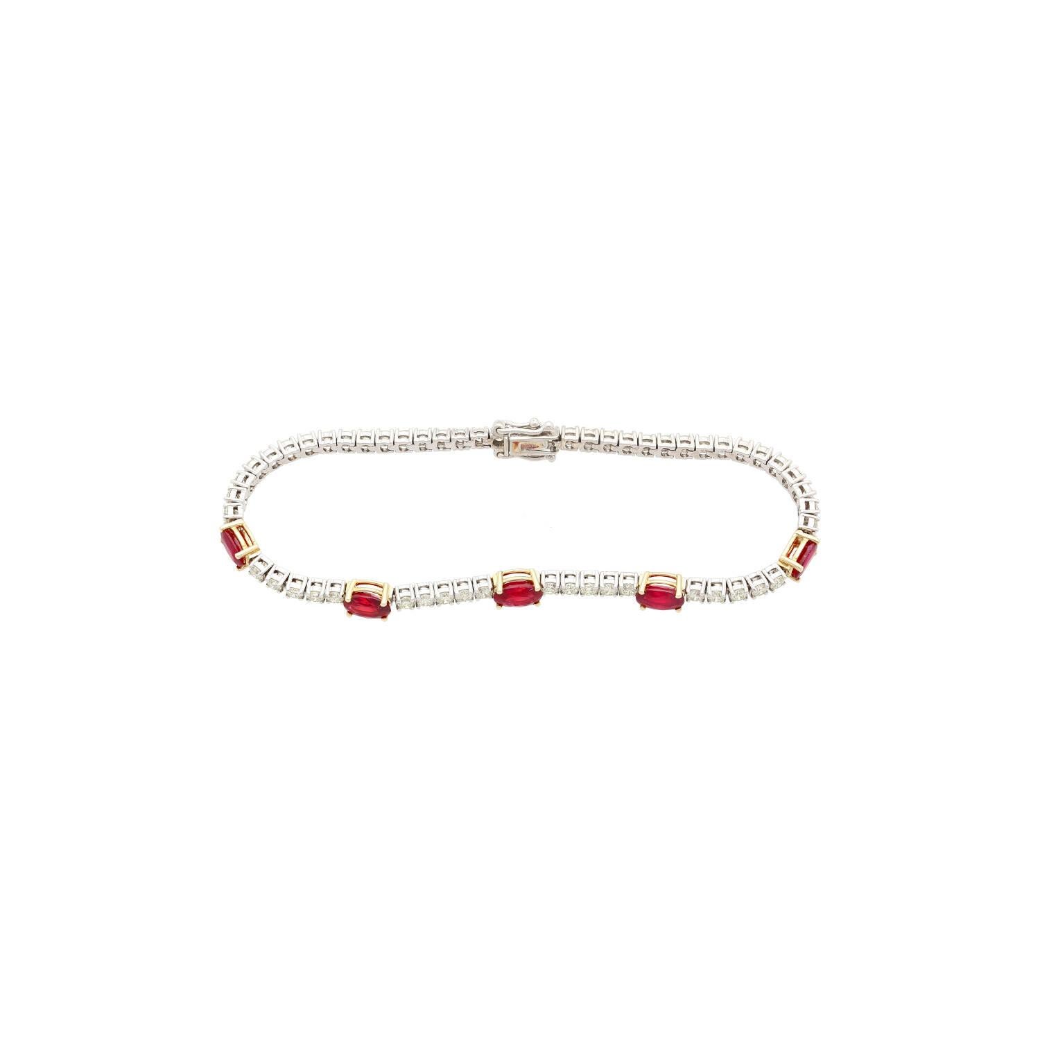 Modern 5.13 Carat Ruby and Diamond Tennis Bracelet in 18k White Gold For Sale