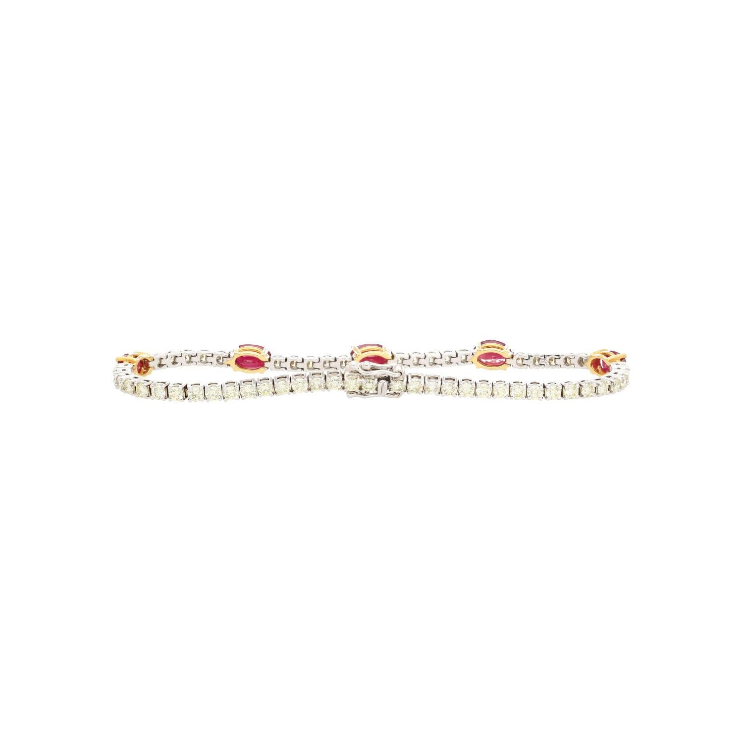 Oval Cut 5.13 Carat Ruby and Diamond Tennis Bracelet in 18k White Gold For Sale