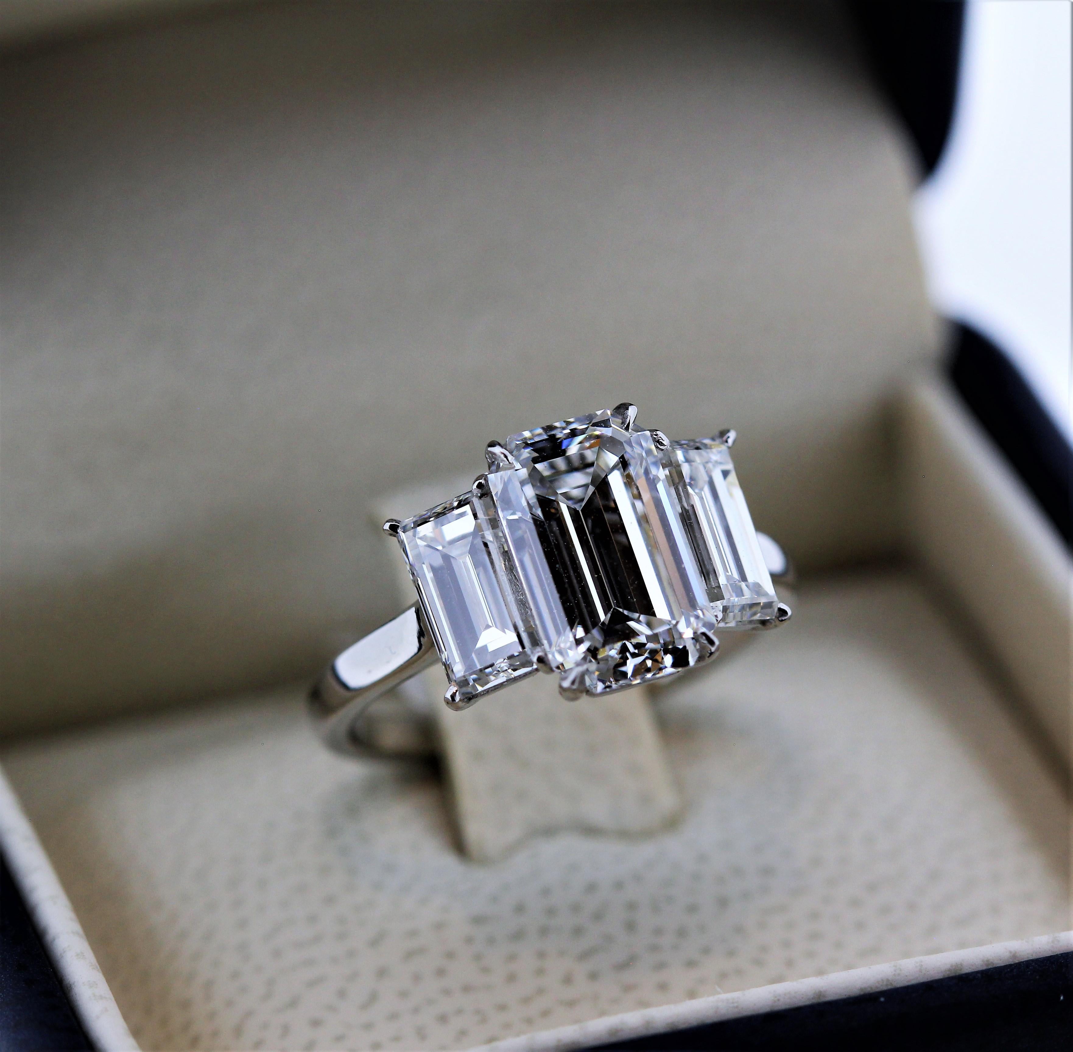 5.13 Carat Total Weight 3-Stone Emerald Cut Diamond Ring In New Condition In Santa Monica, CA