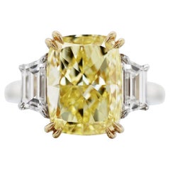 5.13 Ct Fancy Intense Yellow Cushion Cut Diamond Three-Stone Engagement Ring GIA
