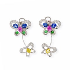 5.13 CT Multicolor Sapphire & 0.20 CT Diamonds in 18K Gold Butterfly Earrings